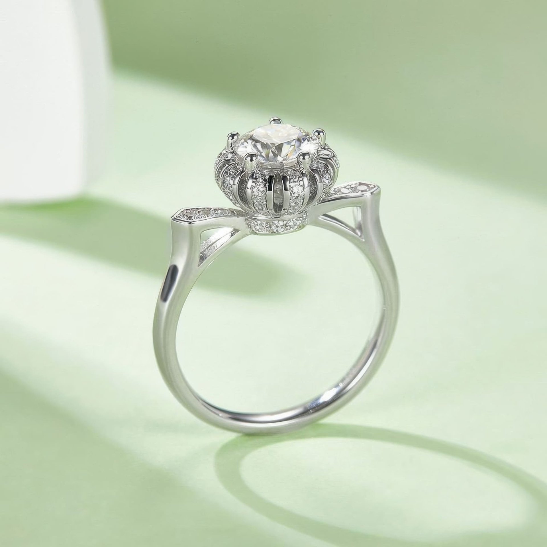 Round Halo Moissanite Engagement Ring | 925 Sterling Silver | Pinched Pavé Shoulders - Image 4