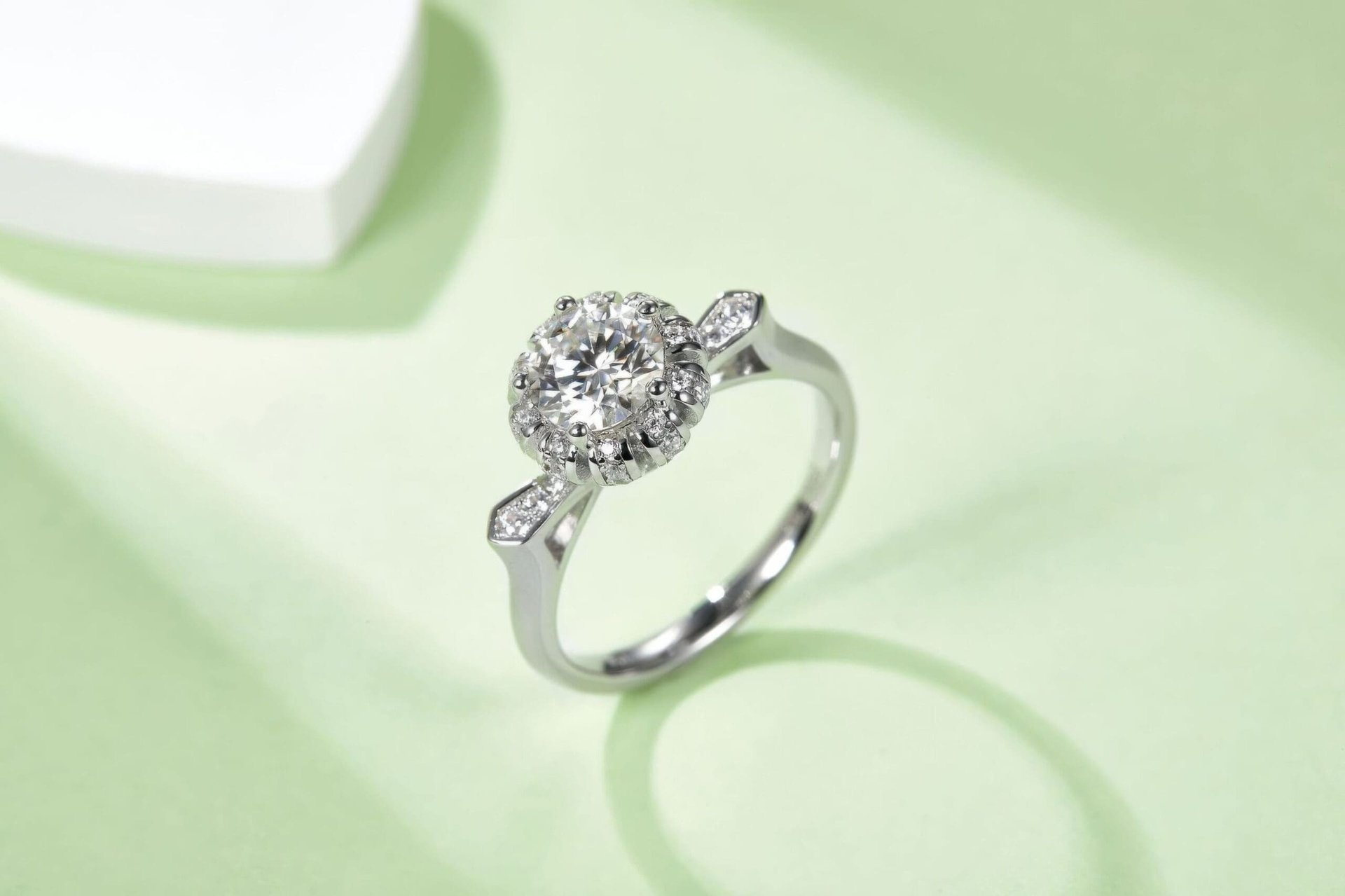 Round Halo Moissanite Engagement Ring | 925 Sterling Silver | Pinched Pavé Shoulders - Image 5