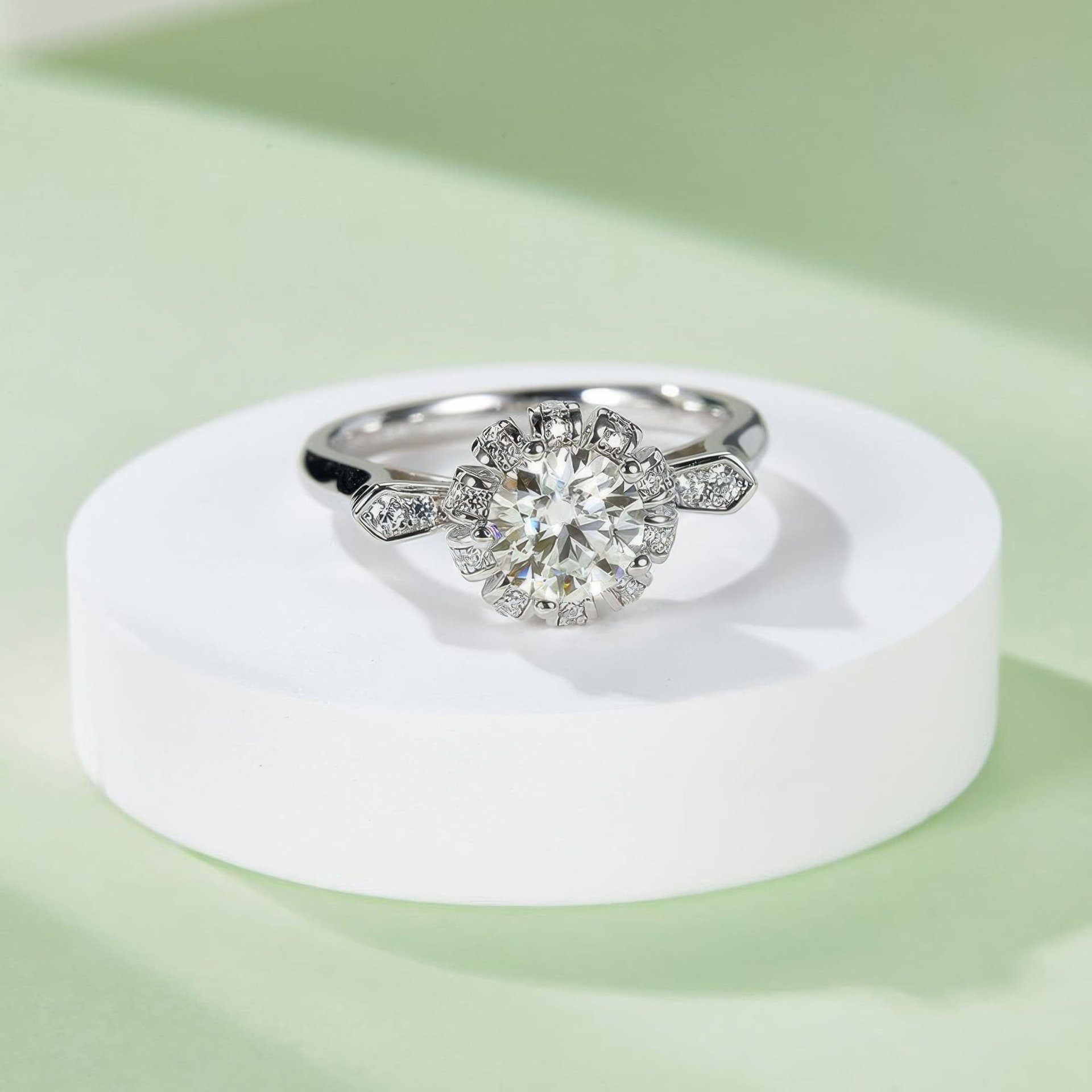 Round Halo Moissanite Engagement Ring | 925 Sterling Silver | Pinched Pavé Shoulders - Image 6