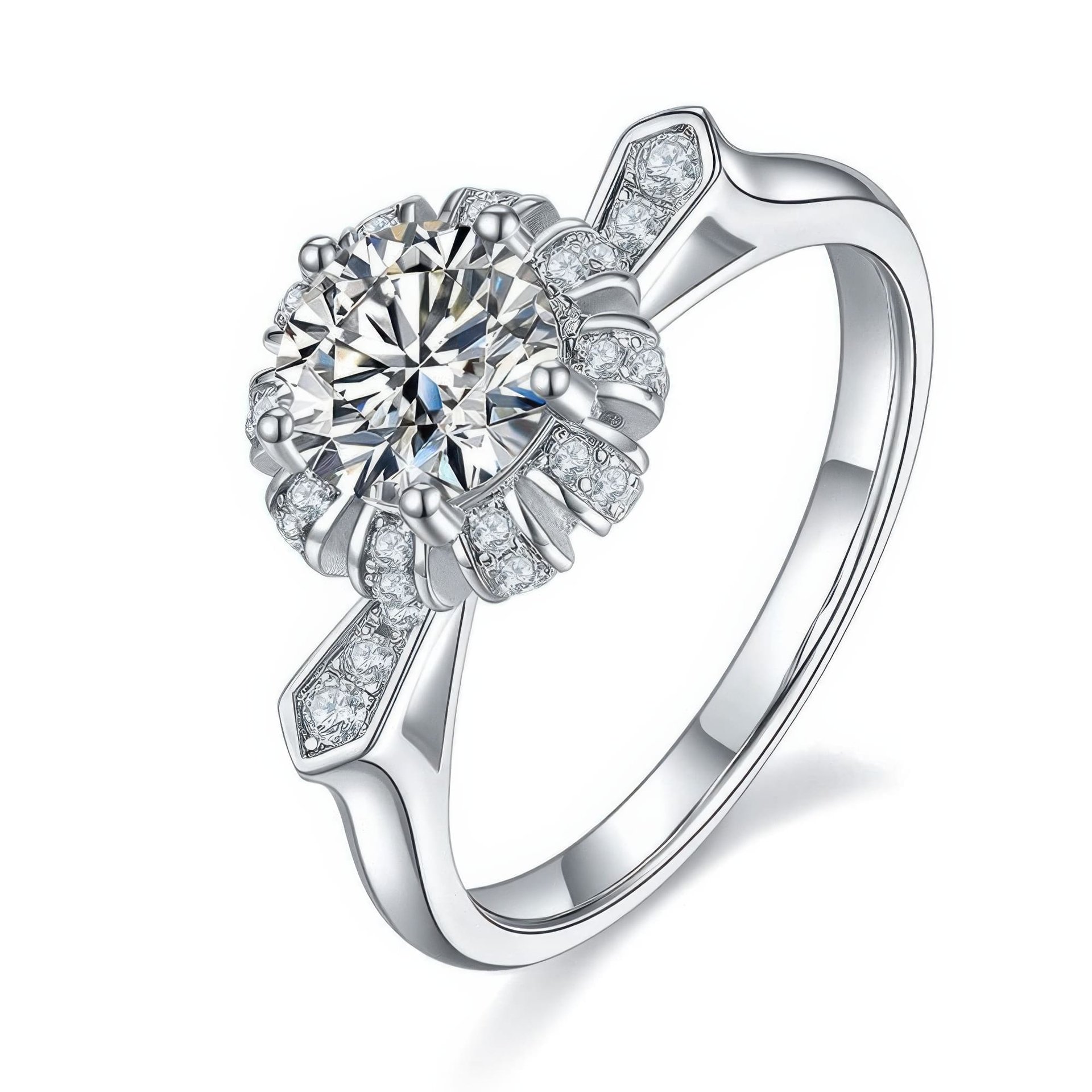 Round Halo Moissanite Engagement Ring | 925 Sterling Silver | Pinched Pavé Shoulders