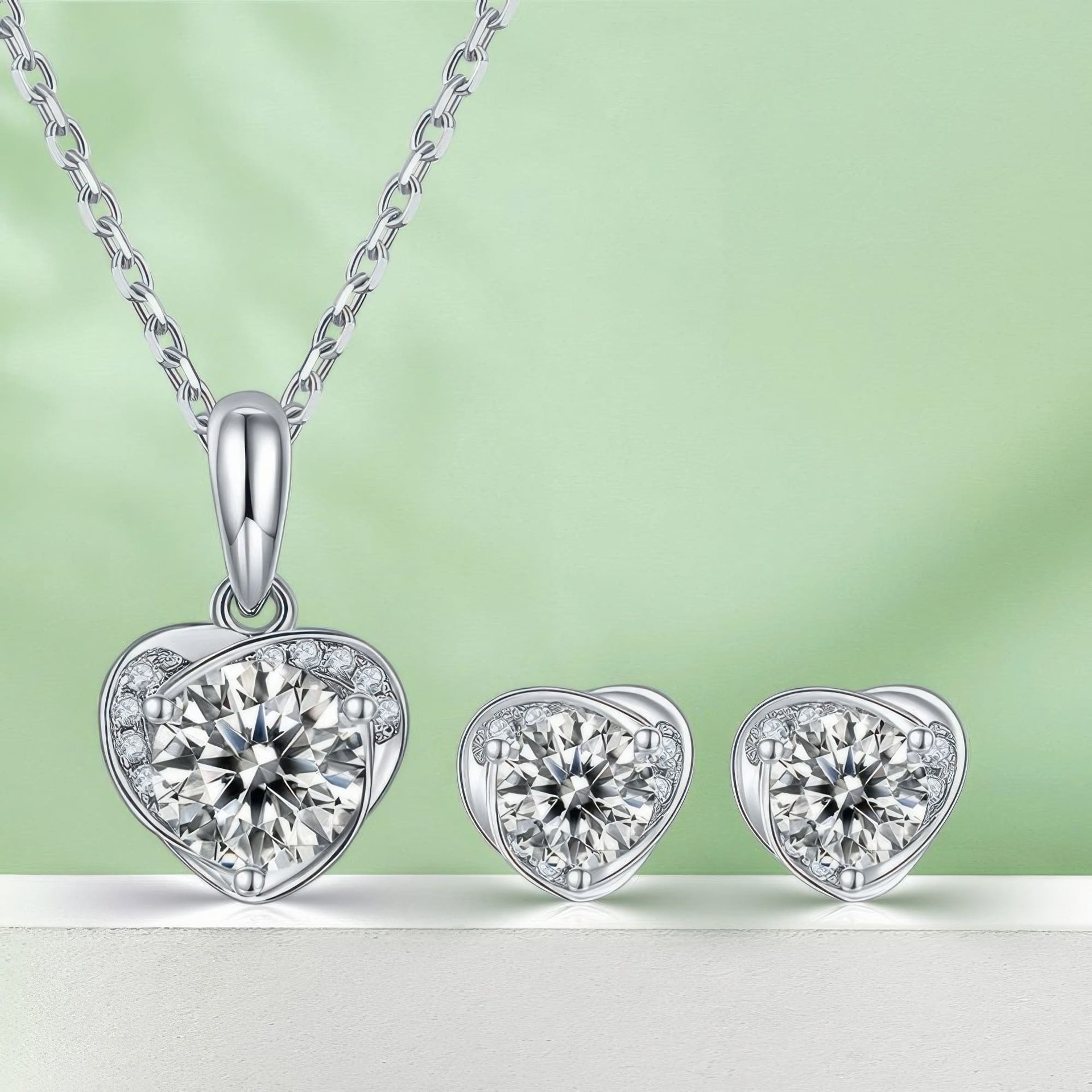 Sterling Silver Heart Moissanite Jewelry Set | Pendant & Stud Earrings | Round Brilliant in Heart Frame - Image 6