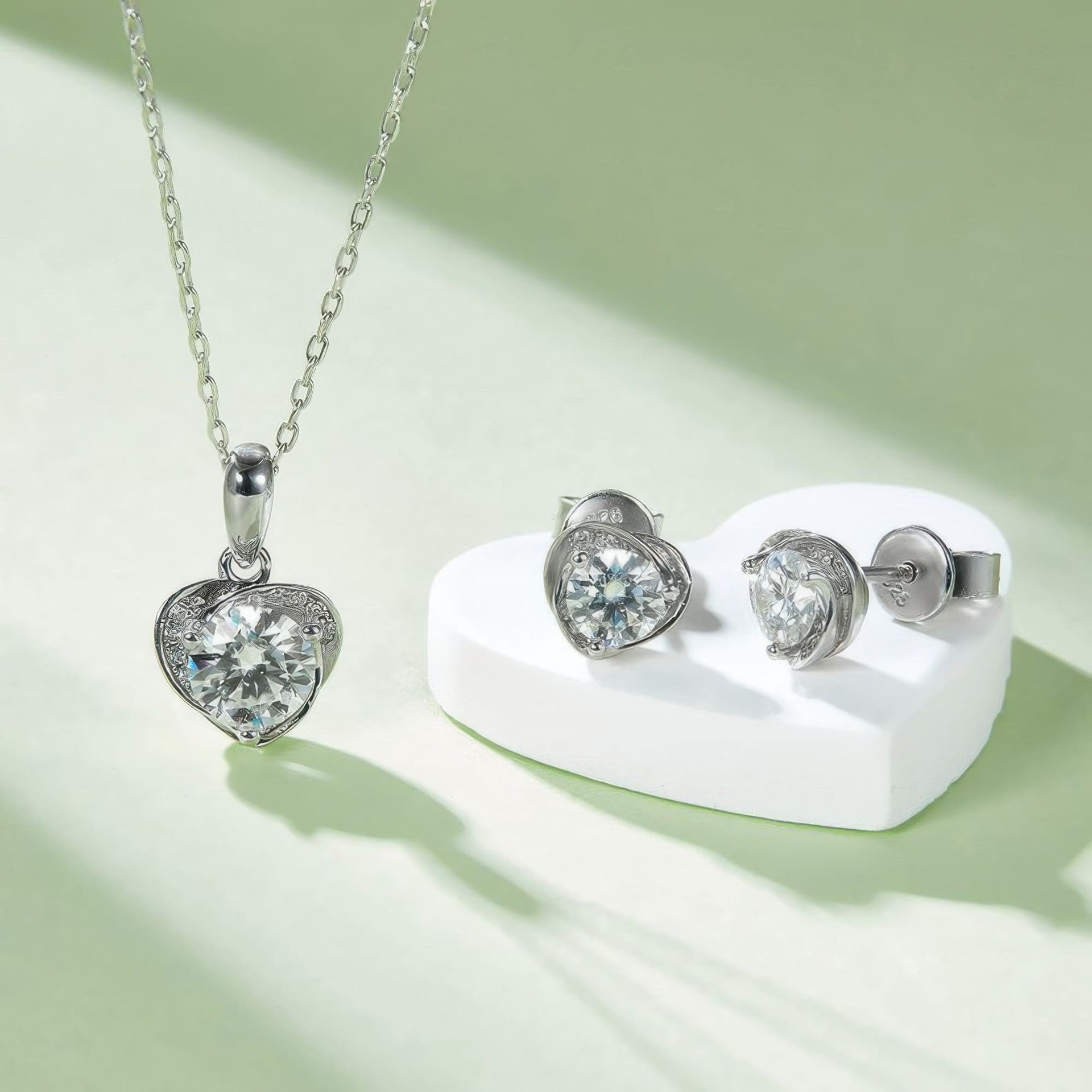 Sterling Silver Heart Moissanite Jewelry Set | Pendant & Stud Earrings | Round Brilliant in Heart Frame - Image 3
