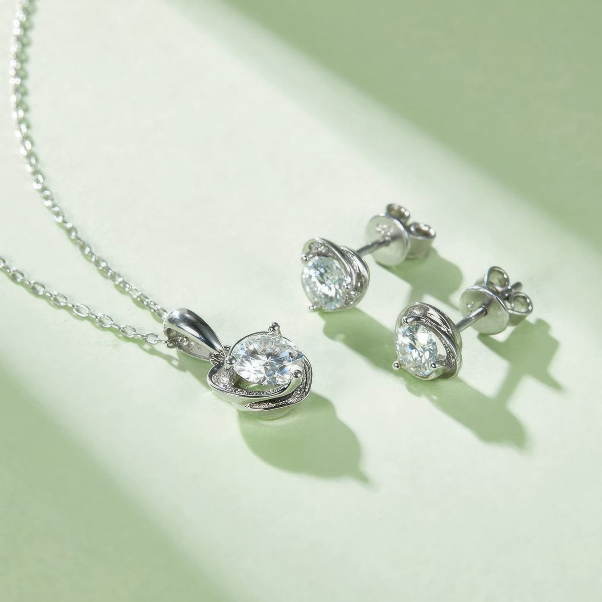 Sterling Silver Heart Moissanite Jewelry Set | Pendant & Stud Earrings | Round Brilliant in Heart Frame - alternate view