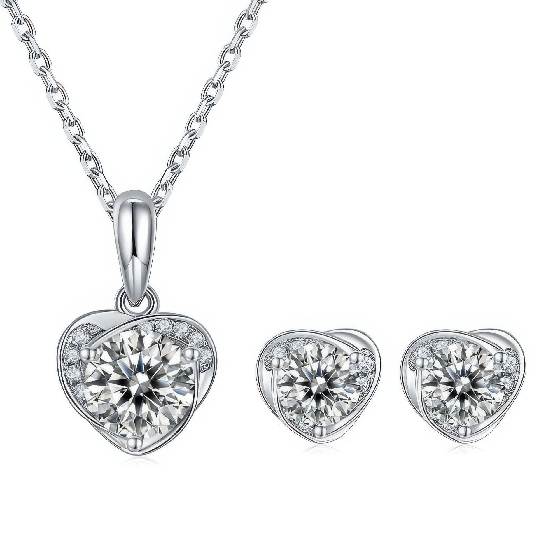 Sterling Silver Heart Moissanite Jewelry Set | Pendant & Stud Earrings | Round Brilliant in Heart Frame