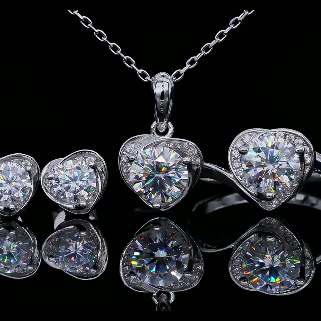 Sterling Silver Heart Moissanite Jewelry Set | Pendant & Stud Earrings | Round Brilliant in Heart Frame product video thumbnail