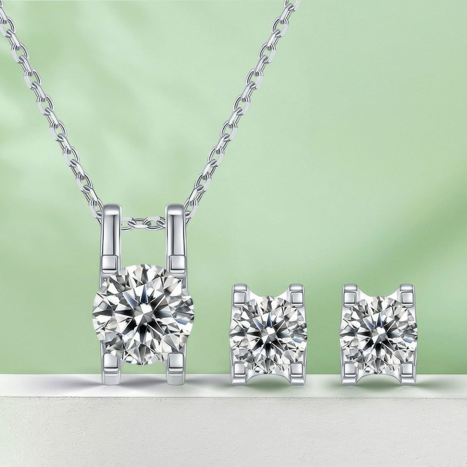 Moissanite Solitaire Pendant & Earring Set | 925 Silver 18K White Gold Plated | Bar-Set Round Brilliant - Image 5