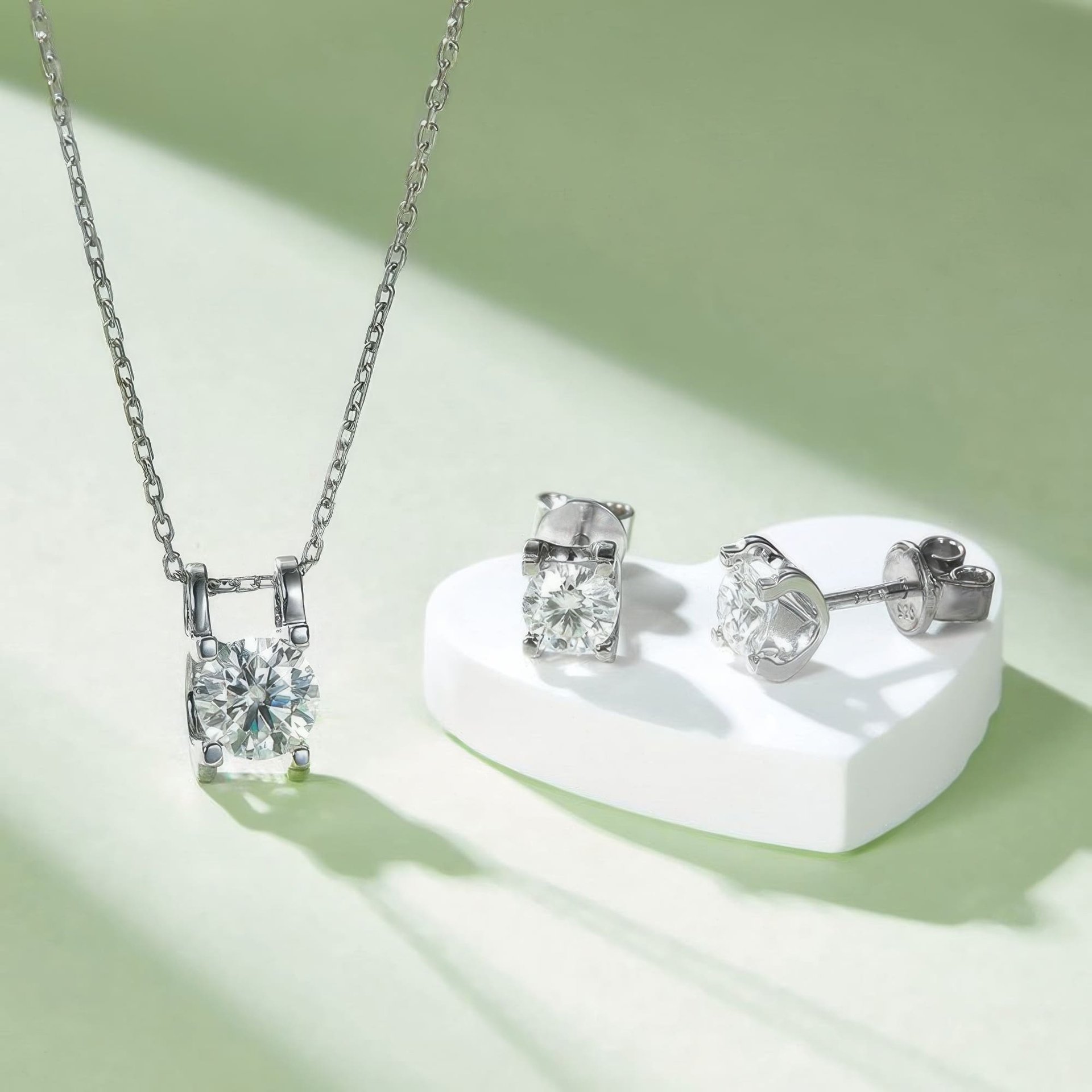 Moissanite Solitaire Pendant & Earring Set | 925 Silver 18K White Gold Plated | Bar-Set Round Brilliant - Image 2