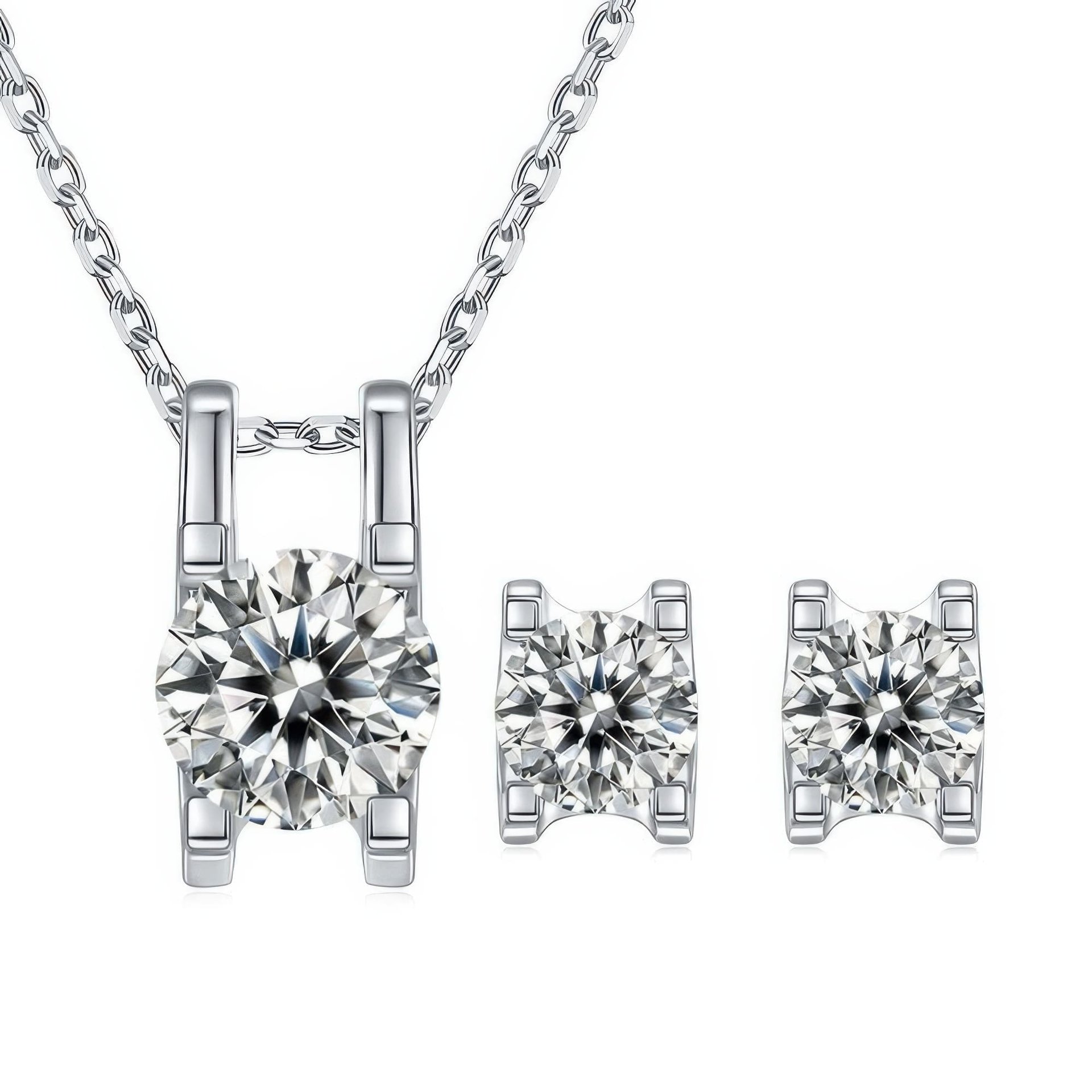 Moissanite Solitaire Pendant & Earring Set | 925 Silver 18K White Gold Plated | Bar-Set Round Brilliant