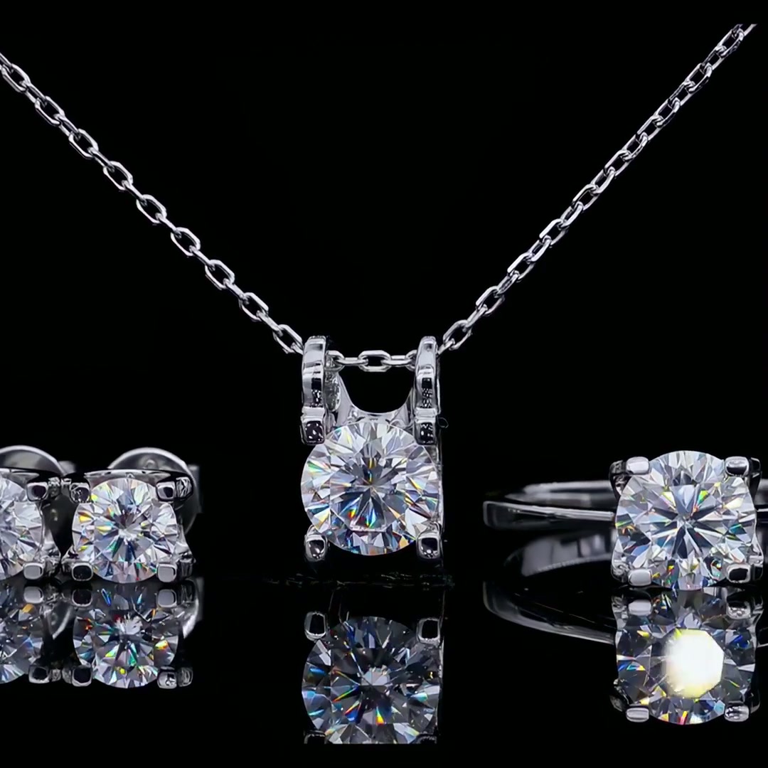Moissanite Solitaire Pendant & Earring Set | 925 Silver 18K White Gold Plated | Bar-Set Round Brilliant product video thumbnail