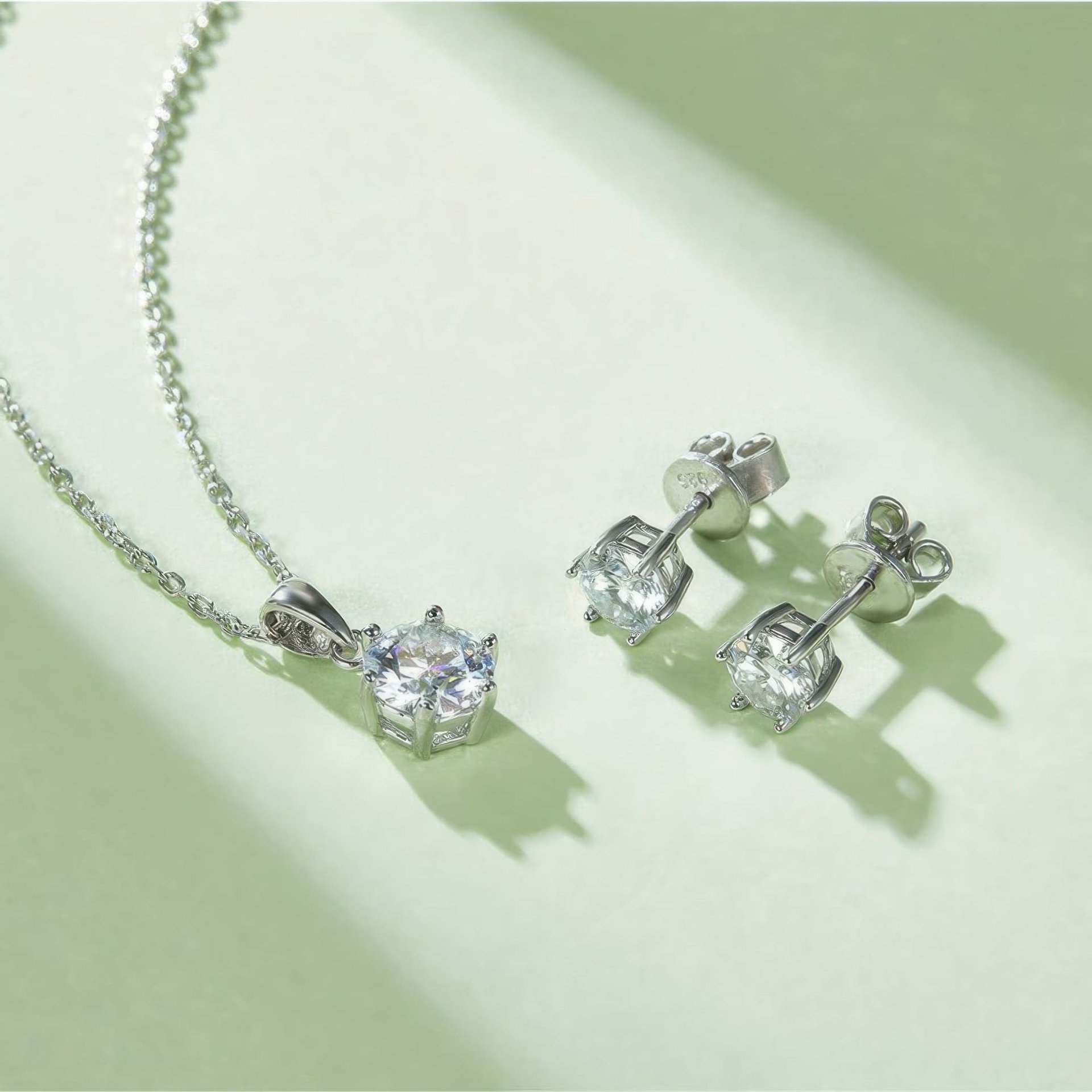 Six-Prong Moissanite Solitaire Necklace & Stud Earrings Set | Round Brilliant 925 Sterling Silver Jewelry Set - alternate view