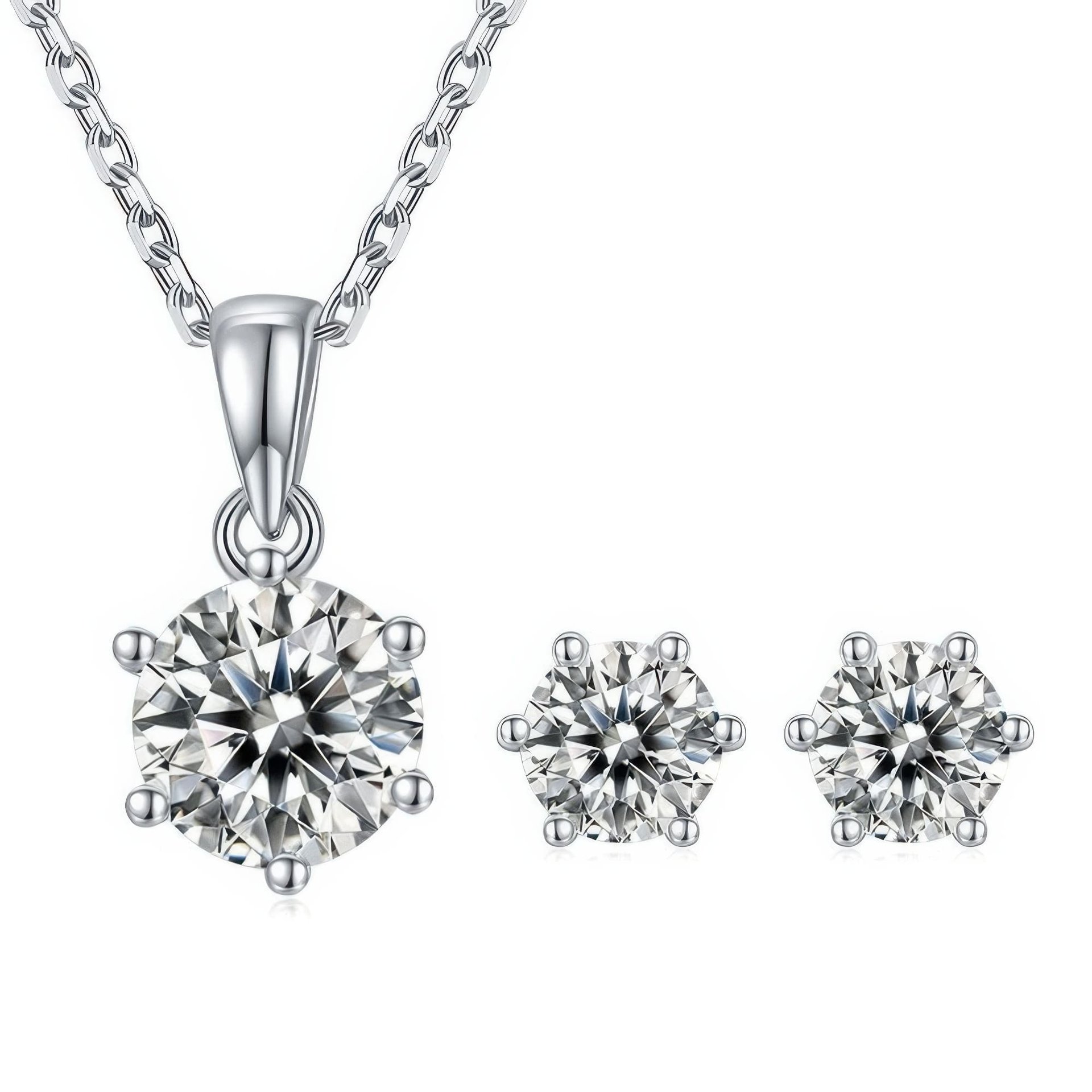 Six-Prong Moissanite Solitaire Necklace & Stud Earrings Set | Round Brilliant 925 Sterling Silver Jewelry Set