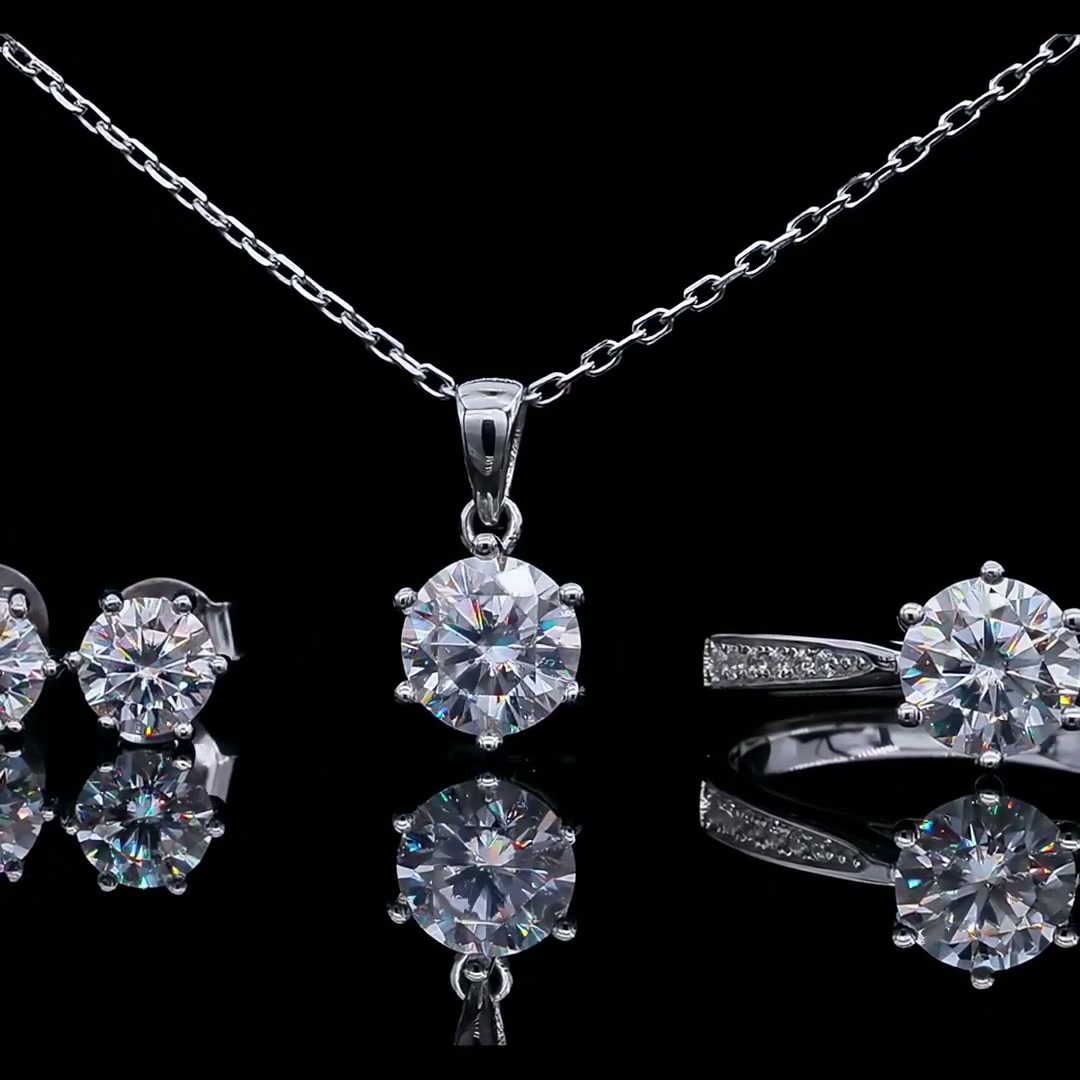 925 Sterling Silver Moissanite Jewelry Set | 3ct Pendant + 1.5ct Studs | Round Brilliant DEF VVS product video thumbnail