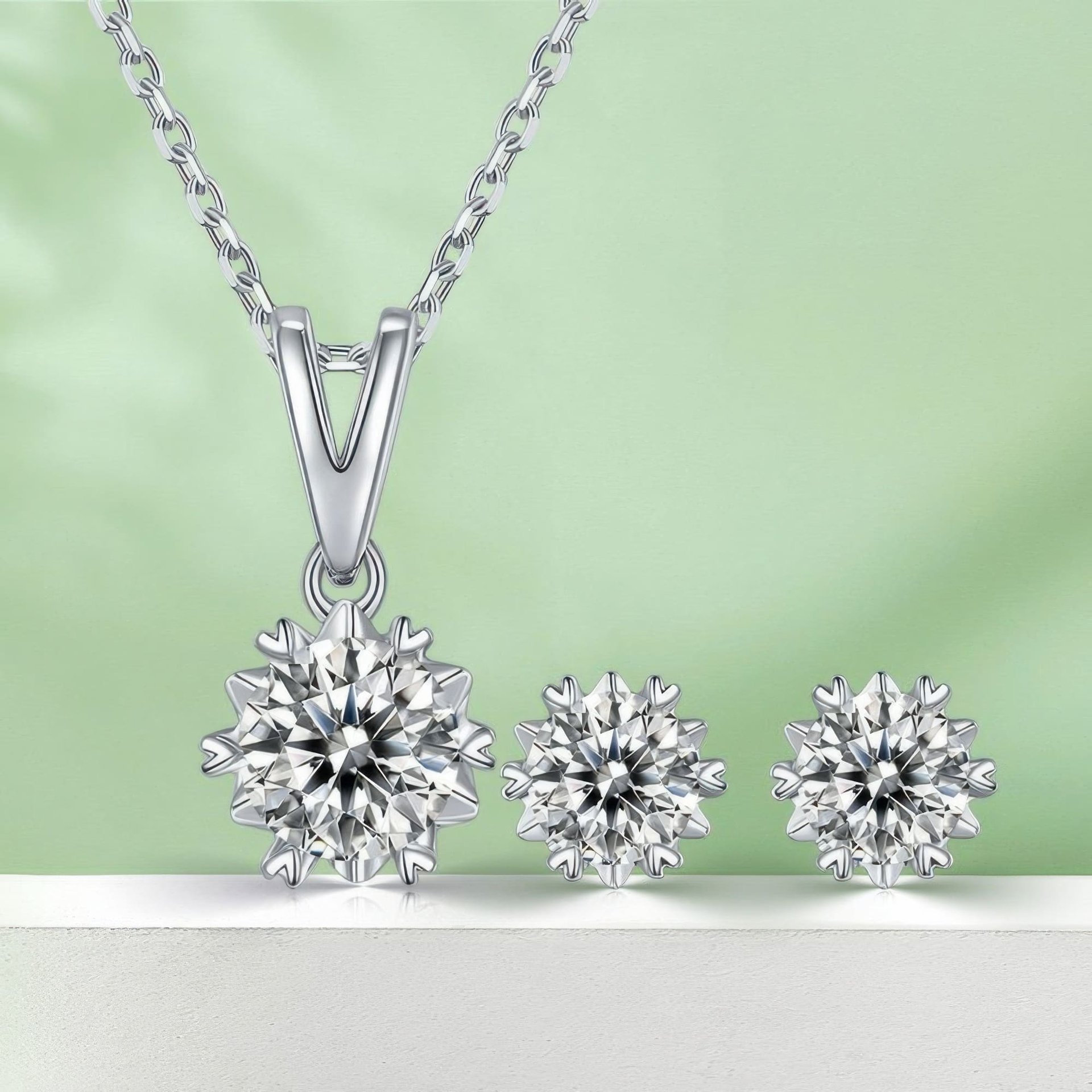 Moissanite Snowflake Jewelry Set | Round Cut Pendant & Stud Earrings | 925 Sterling Silver - Image 7