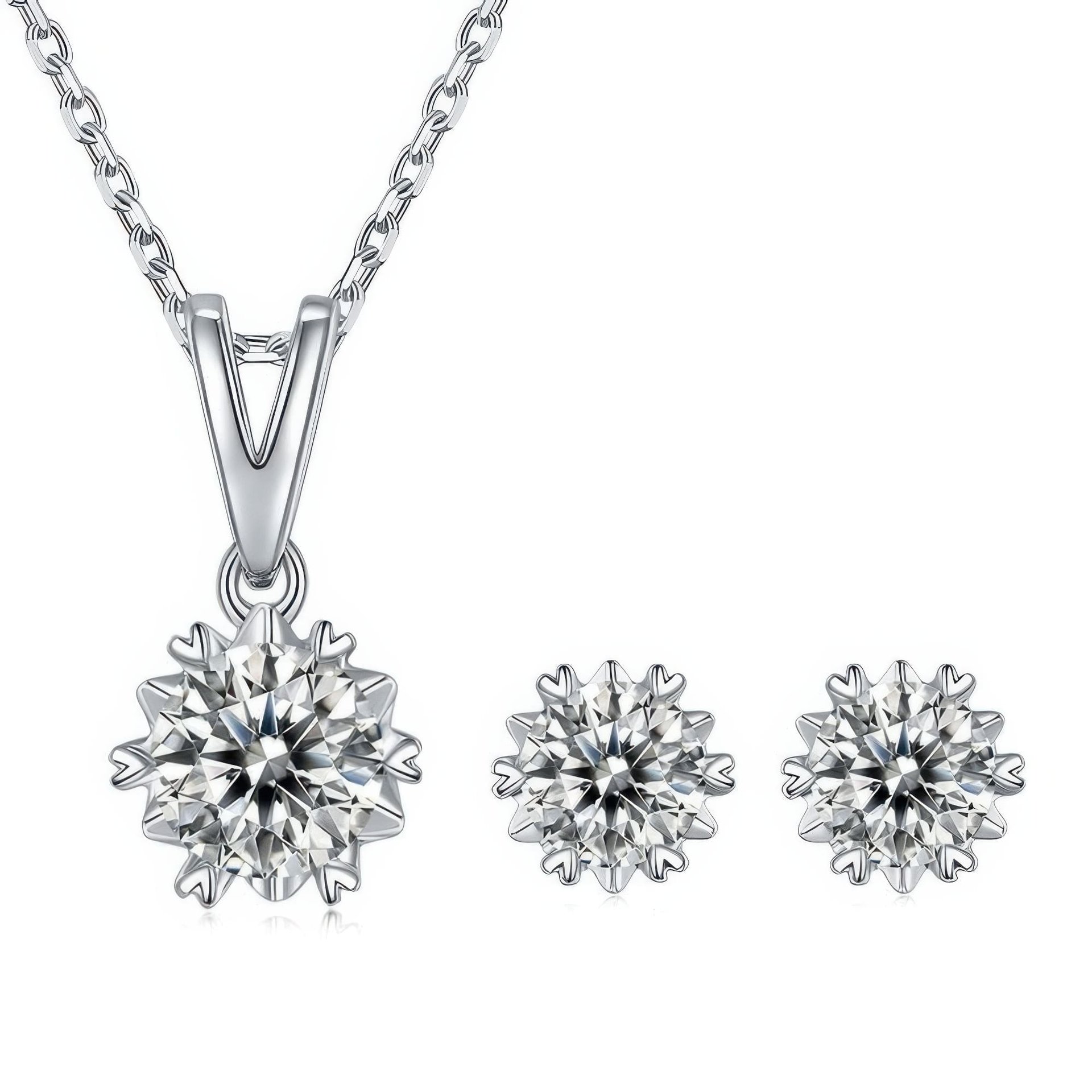 Moissanite Snowflake Jewelry Set | Round Cut Pendant & Stud Earrings | 925 Sterling Silver