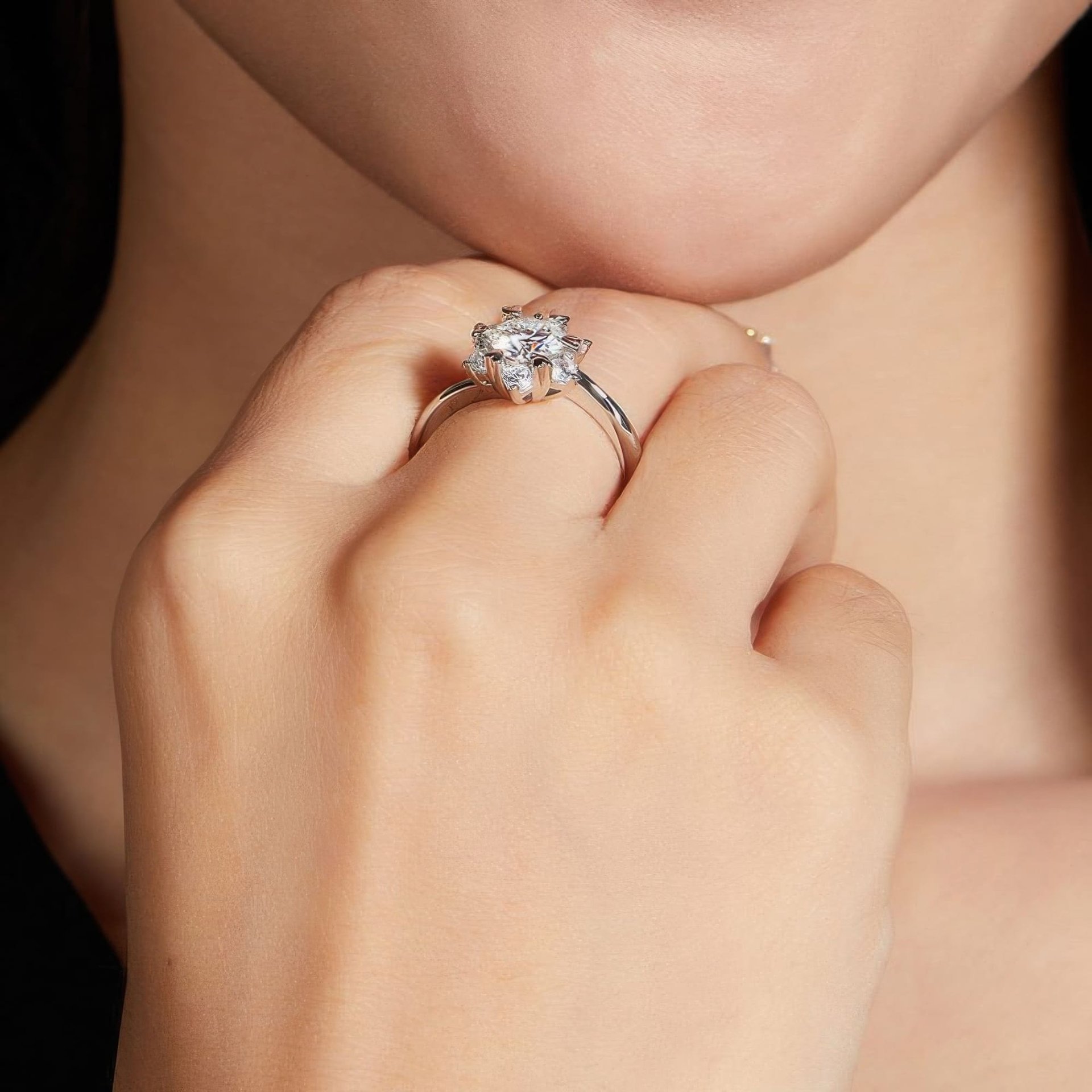 Star Flower Moissanite Ring | 925 Sterling Silver | Round Brilliant Halo of Petal Accents - Image 2