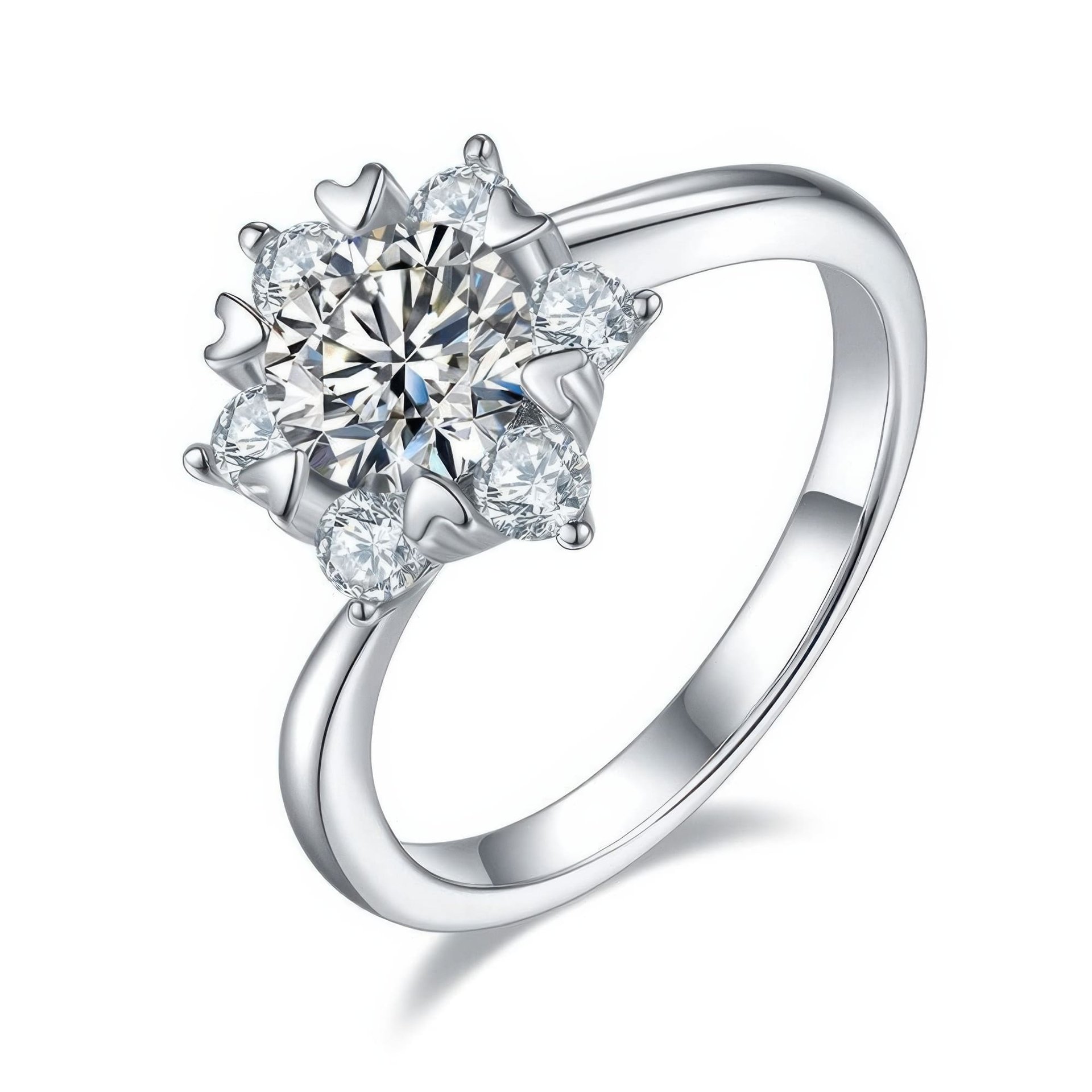 Star Flower Moissanite Ring | 925 Sterling Silver | Round Brilliant Halo of Petal Accents