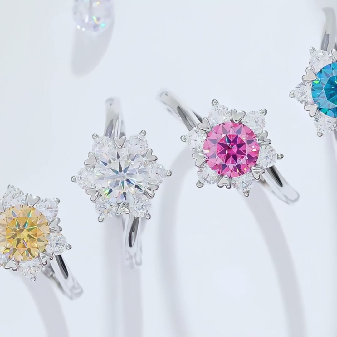 Star Flower Moissanite Ring | 925 Sterling Silver | Round Brilliant Halo of Petal Accents product video thumbnail
