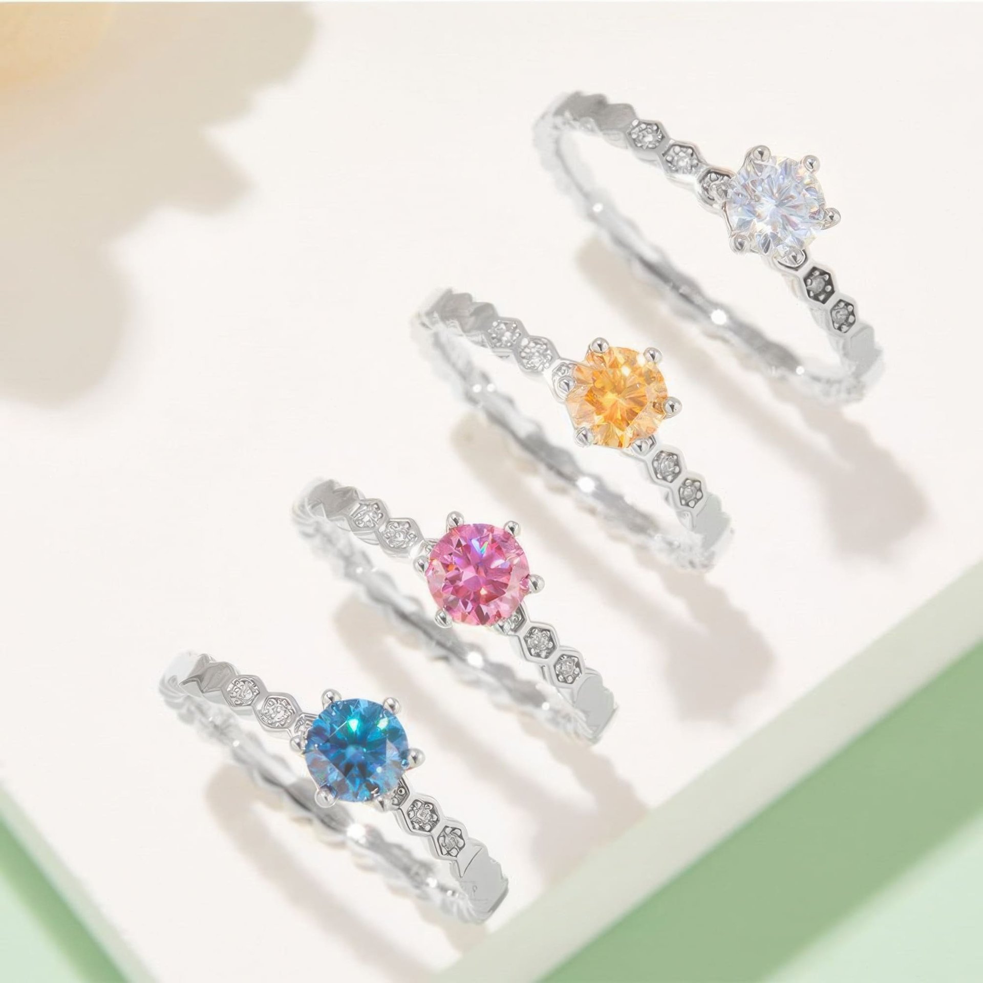 Honeycomb Band Moissanite Solitaire Ring | 0.5ct Round DEF Stone in 925 Silver | Hexagonal Stackable - Image 3