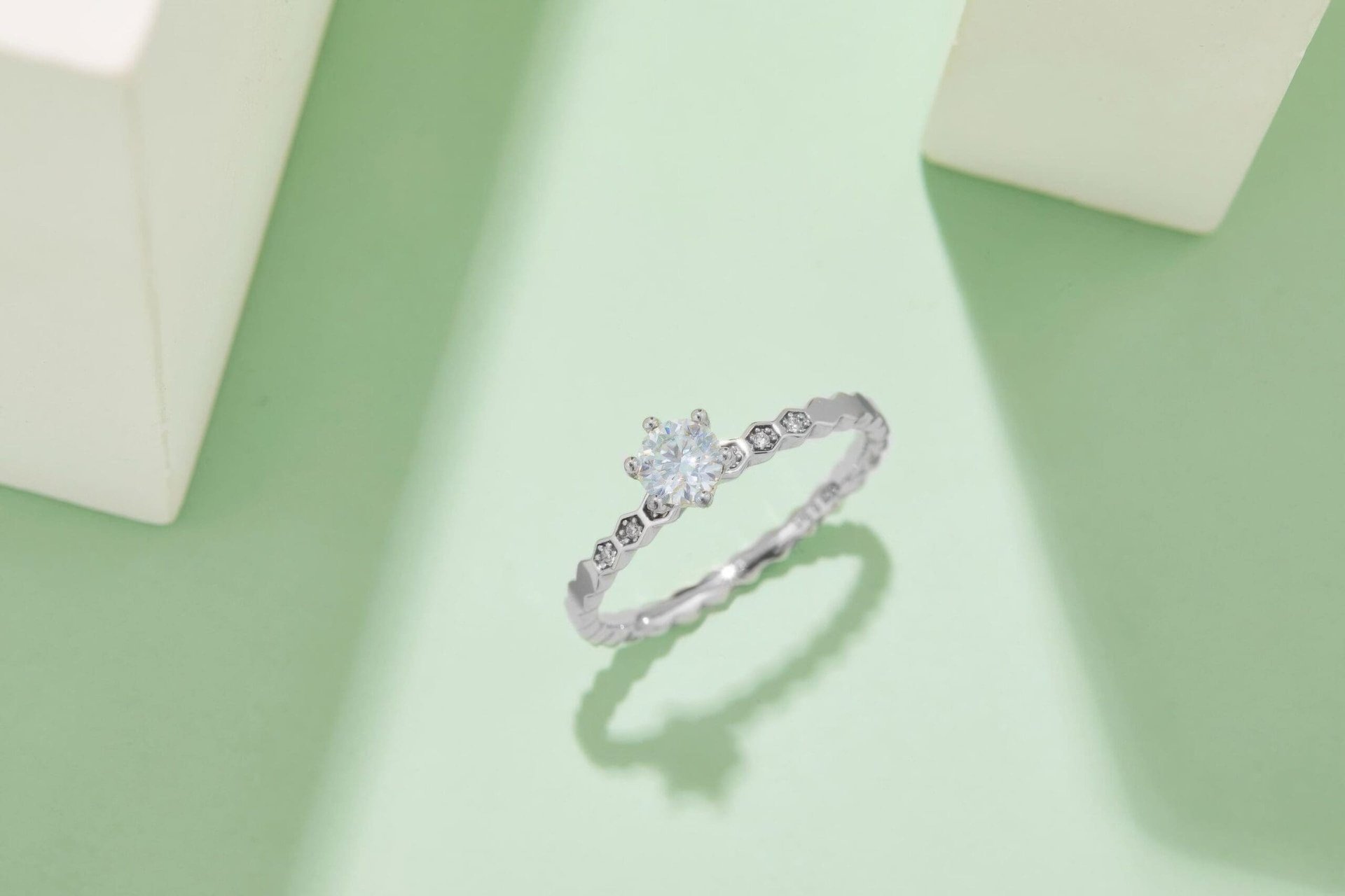 Honeycomb Band Moissanite Solitaire Ring | 0.5ct Round DEF Stone in 925 Silver | Hexagonal Stackable - alternate view