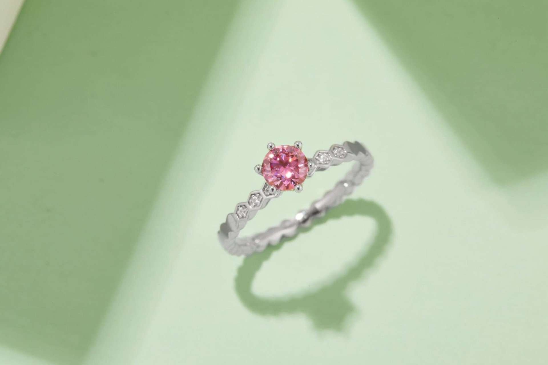 Honeycomb Band Moissanite Solitaire Ring | 0.5ct Round DEF Stone in 925 Silver | Hexagonal Stackable - Image 5
