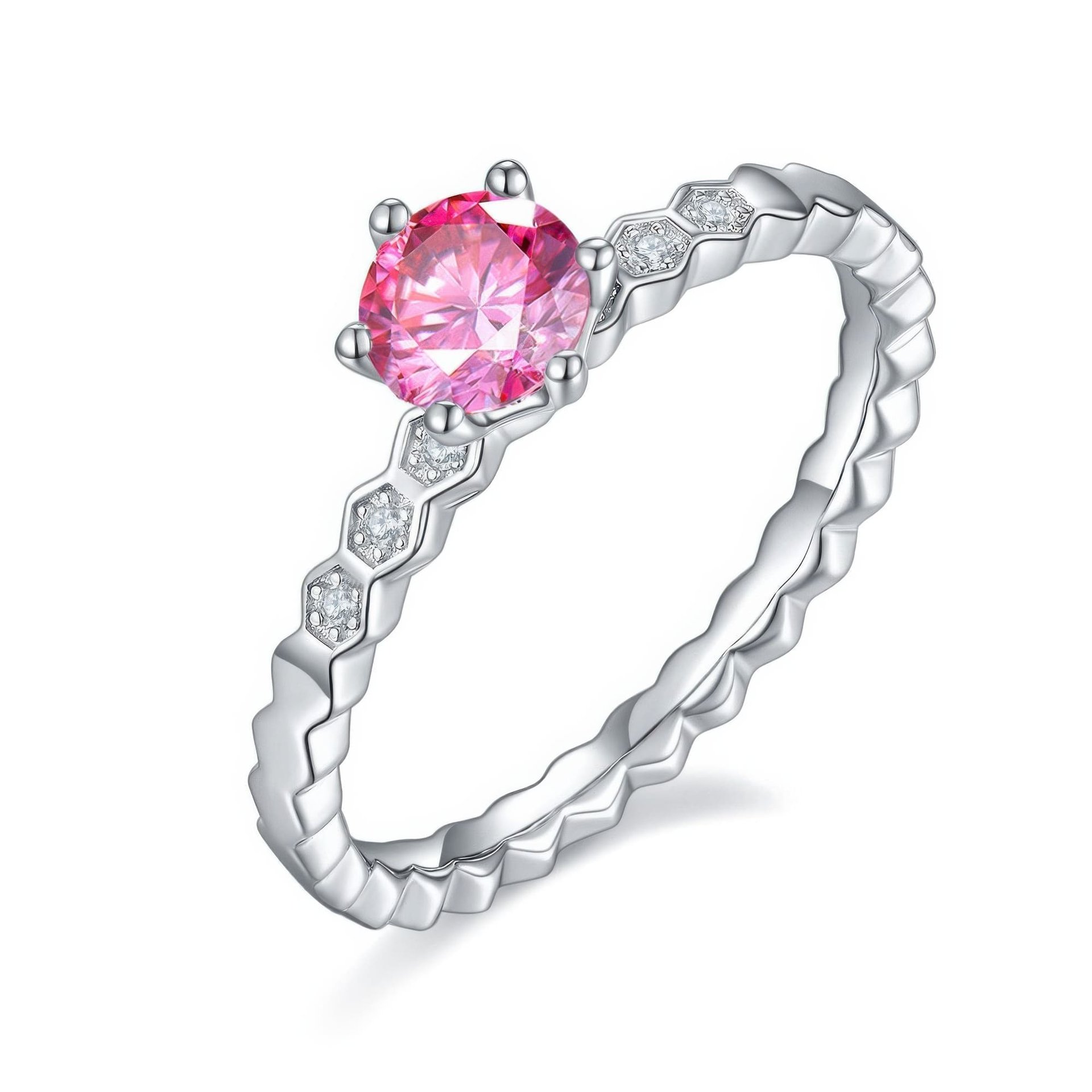 Honeycomb Band Moissanite Solitaire Ring | 0.5ct Round DEF Stone in 925 Silver | Hexagonal Stackable - Image 4
