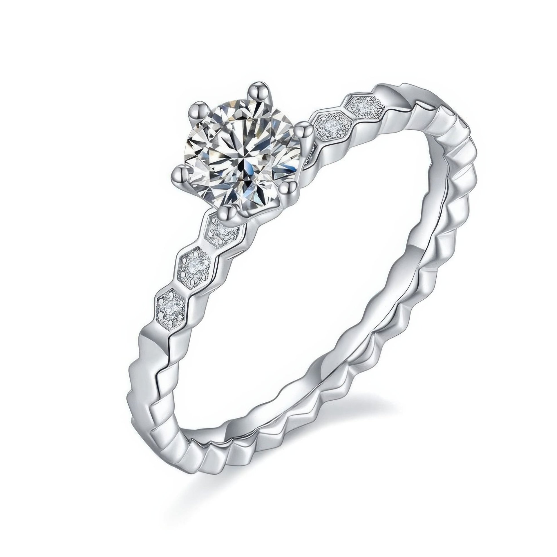 Honeycomb Band Moissanite Solitaire Ring | 0.5ct Round DEF Stone in 925 Silver | Hexagonal Stackable