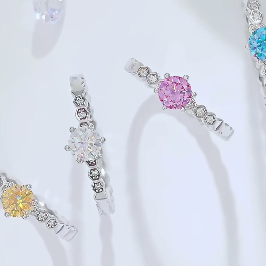 Honeycomb Band Moissanite Solitaire Ring | 0.5ct Round DEF Stone in 925 Silver | Hexagonal Stackable product video thumbnail