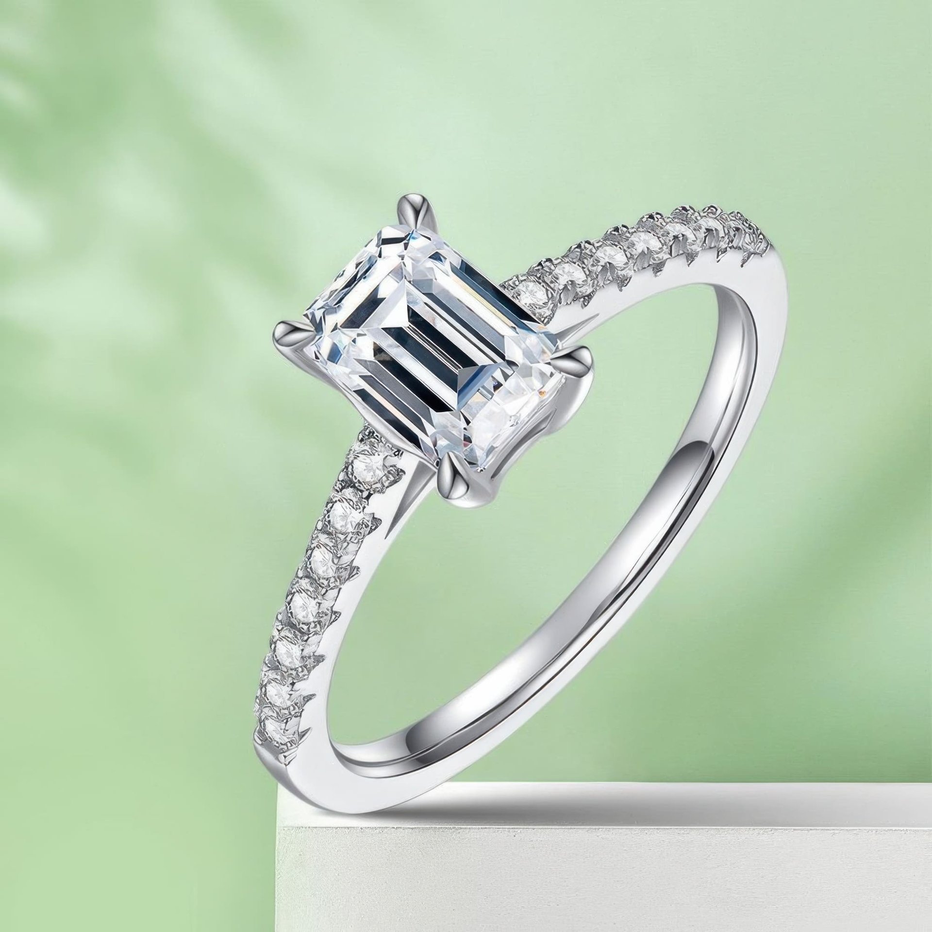 Emerald Cut Moissanite Engagement Ring 1ct | East-West Solitaire | 925 Sterling Silver Pavé Band - Image 5