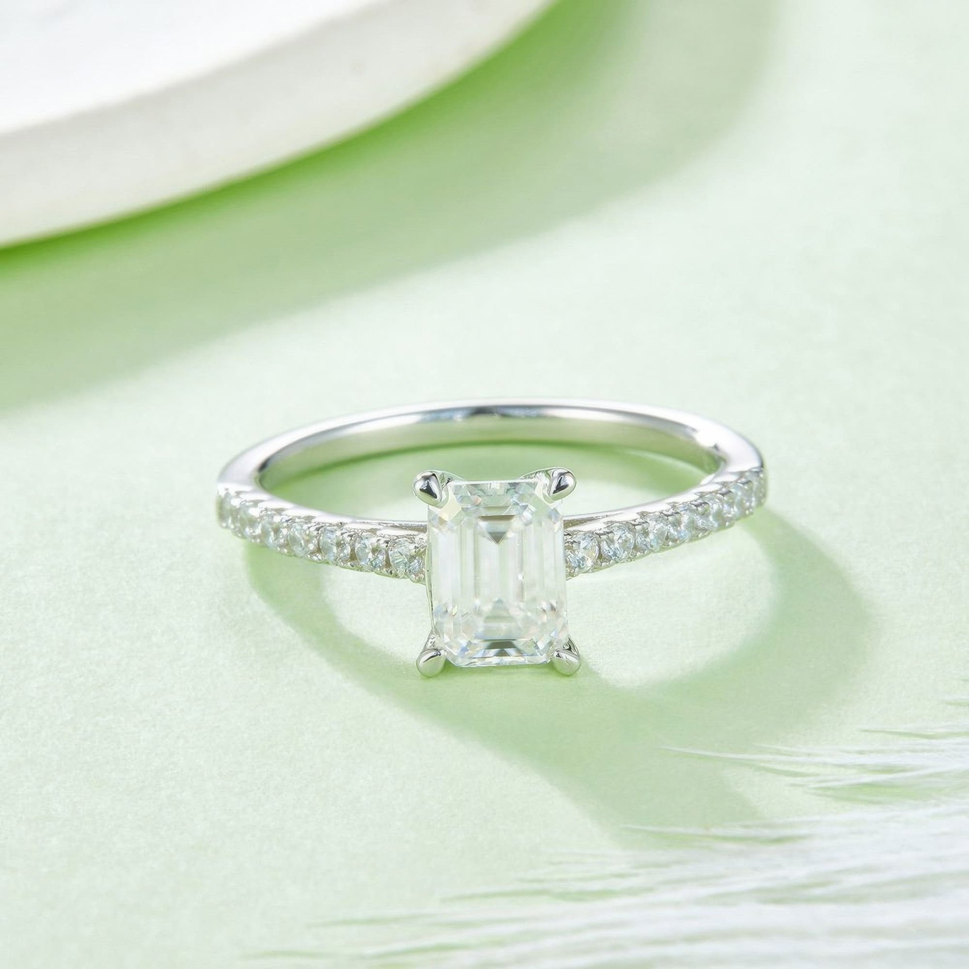 Emerald Cut Moissanite Engagement Ring 1ct | East-West Solitaire | 925 Sterling Silver Pavé Band - Image 4