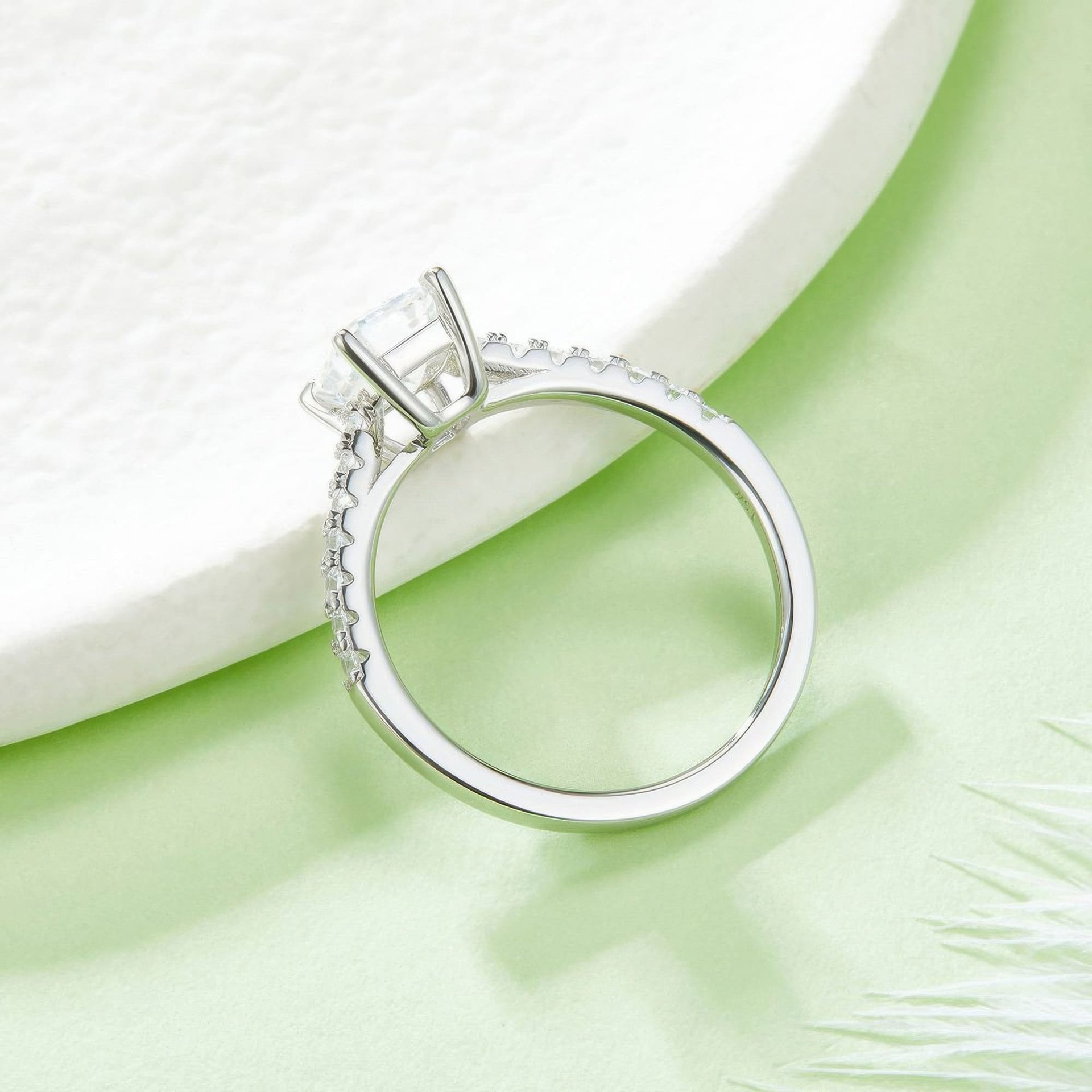 Emerald Cut Moissanite Engagement Ring 1ct | East-West Solitaire | 925 Sterling Silver Pavé Band - alternate view