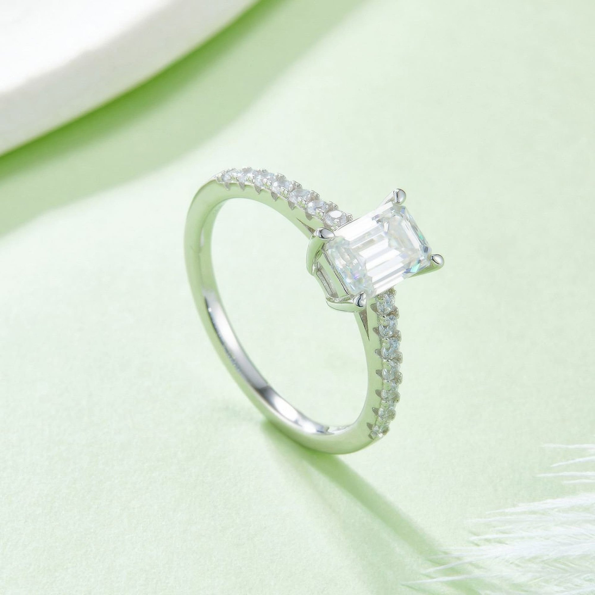 Emerald Cut Moissanite Engagement Ring 1ct | East-West Solitaire | 925 Sterling Silver Pavé Band - Image 3