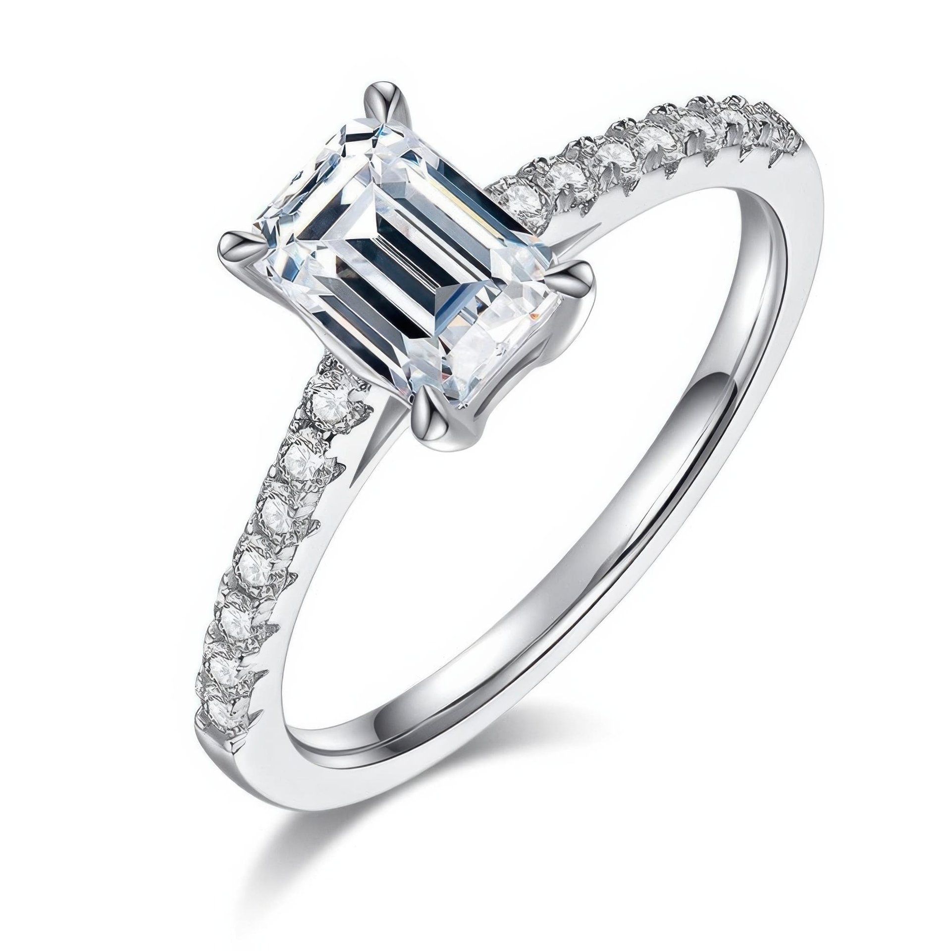 Emerald Cut Moissanite Engagement Ring 1ct | East-West Solitaire | 925 Sterling Silver Pavé Band