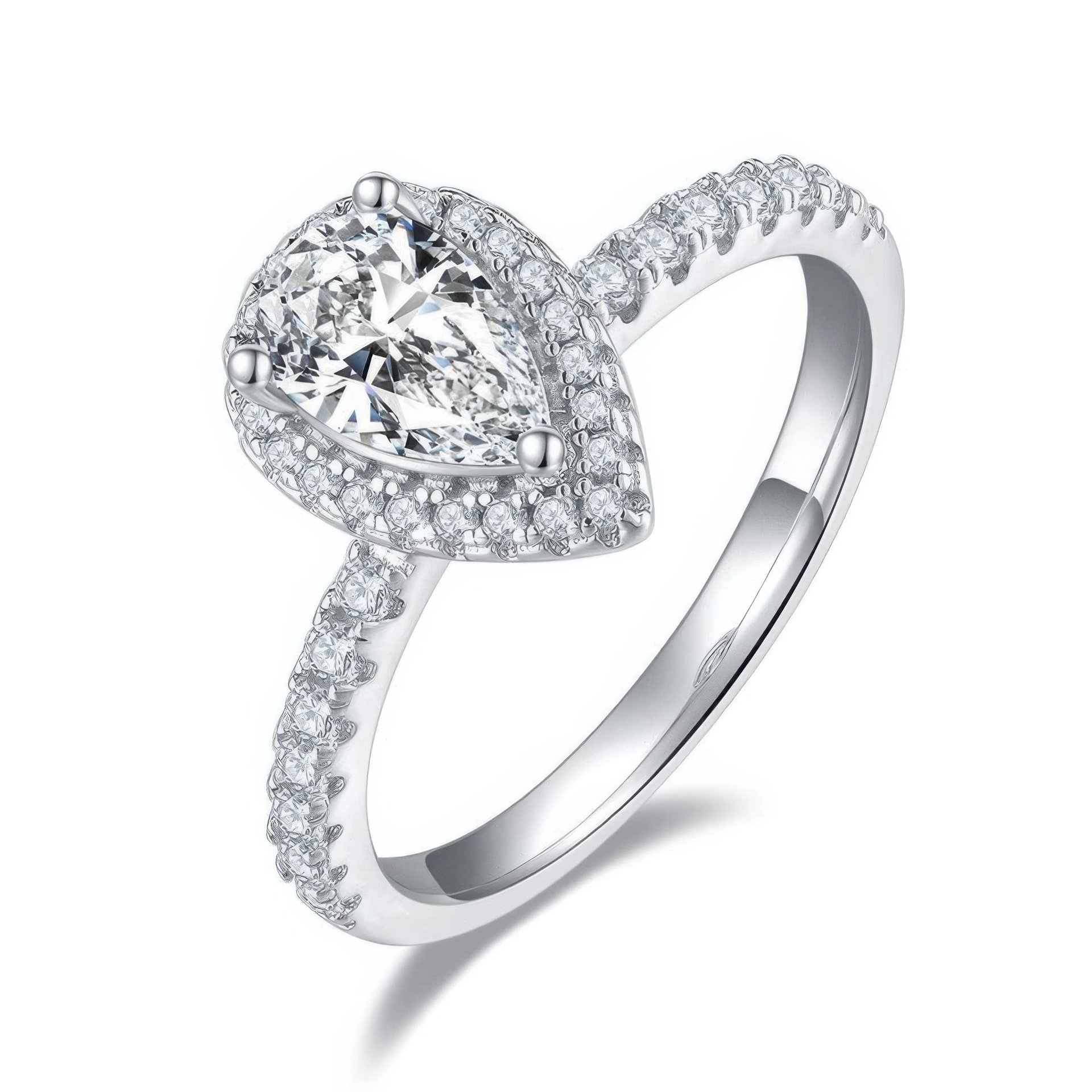 Pear Cut Moissanite Halo Ring | 1ct DEW (6.5mm) D Color | 925 Sterling Silver Engagement Ring