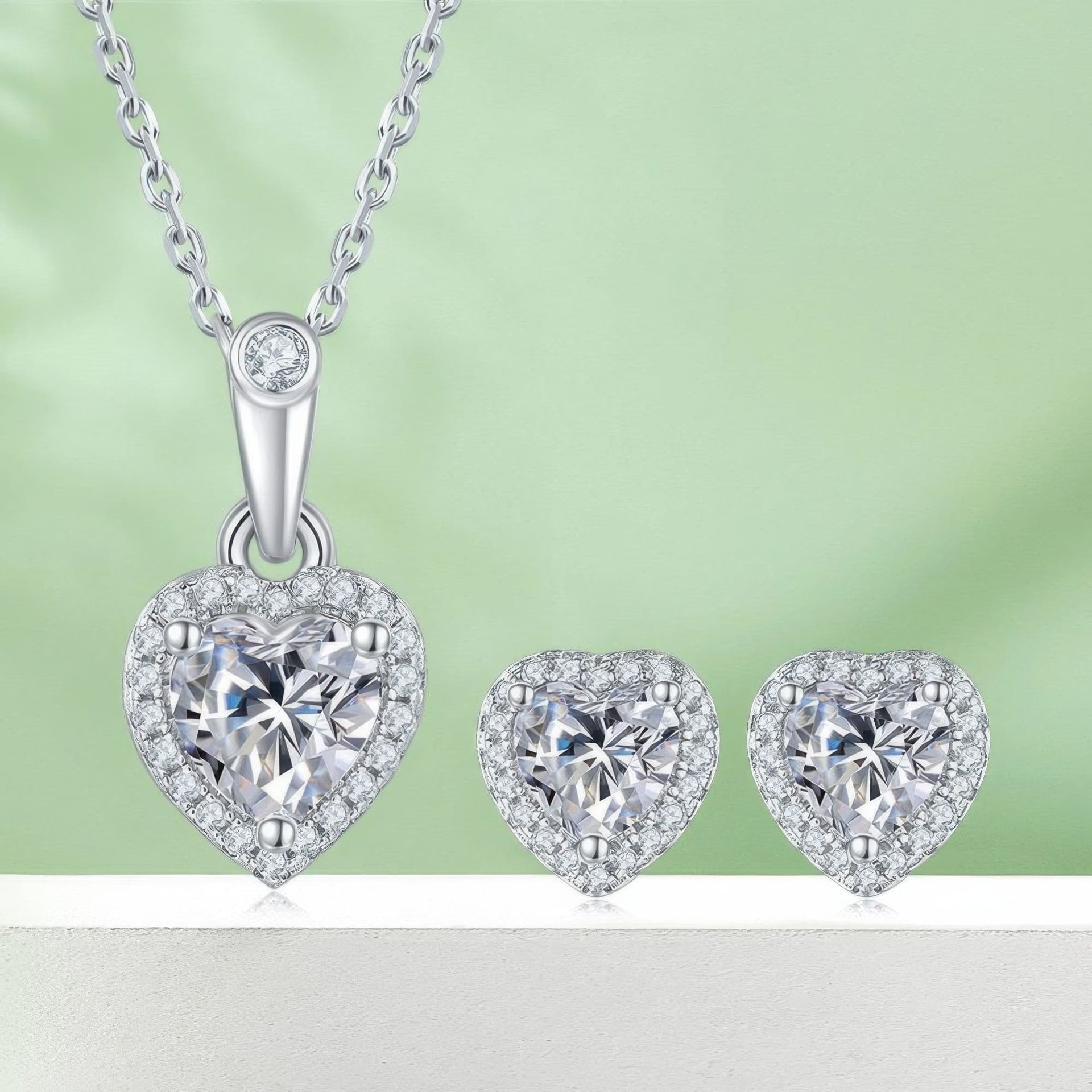 Heart Cut Moissanite Halo Jewelry Set | Pendant & Stud Earrings | 925 Sterling Silver - Image 7