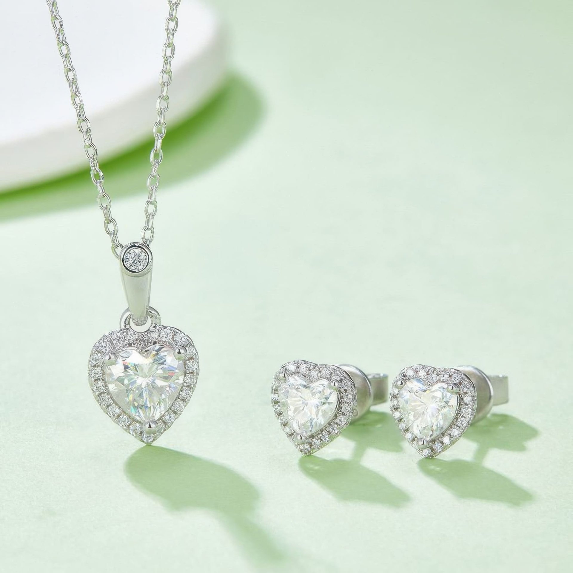 Heart Cut Moissanite Halo Jewelry Set | Pendant & Stud Earrings | 925 Sterling Silver - alternate view