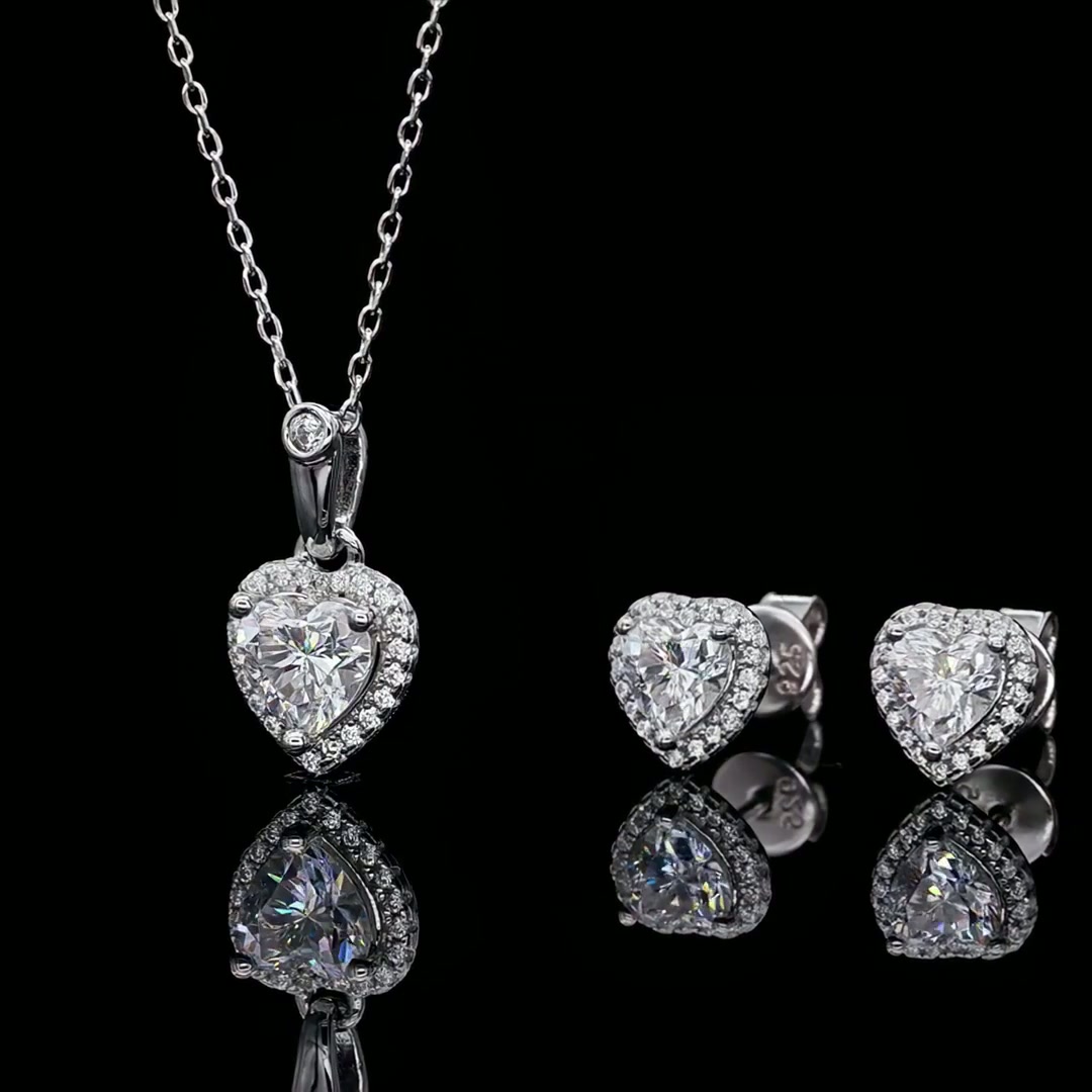 Heart Cut Moissanite Halo Jewelry Set | Pendant & Stud Earrings | 925 Sterling Silver product video thumbnail