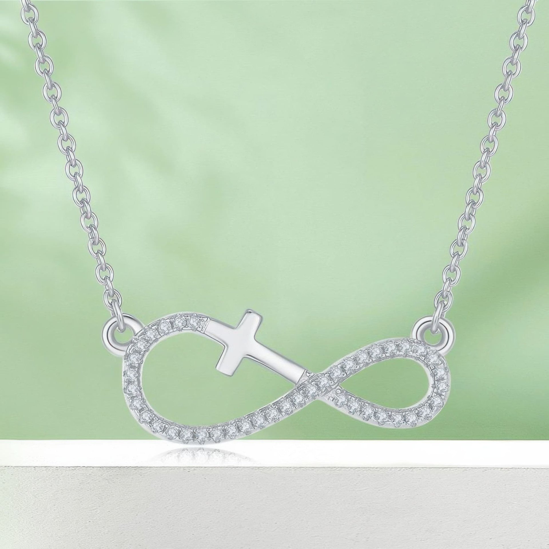 Cross Infinity Moissanite Necklace | Pave Sideways Infinity with Cross | 3-Tone Silver - Image 3