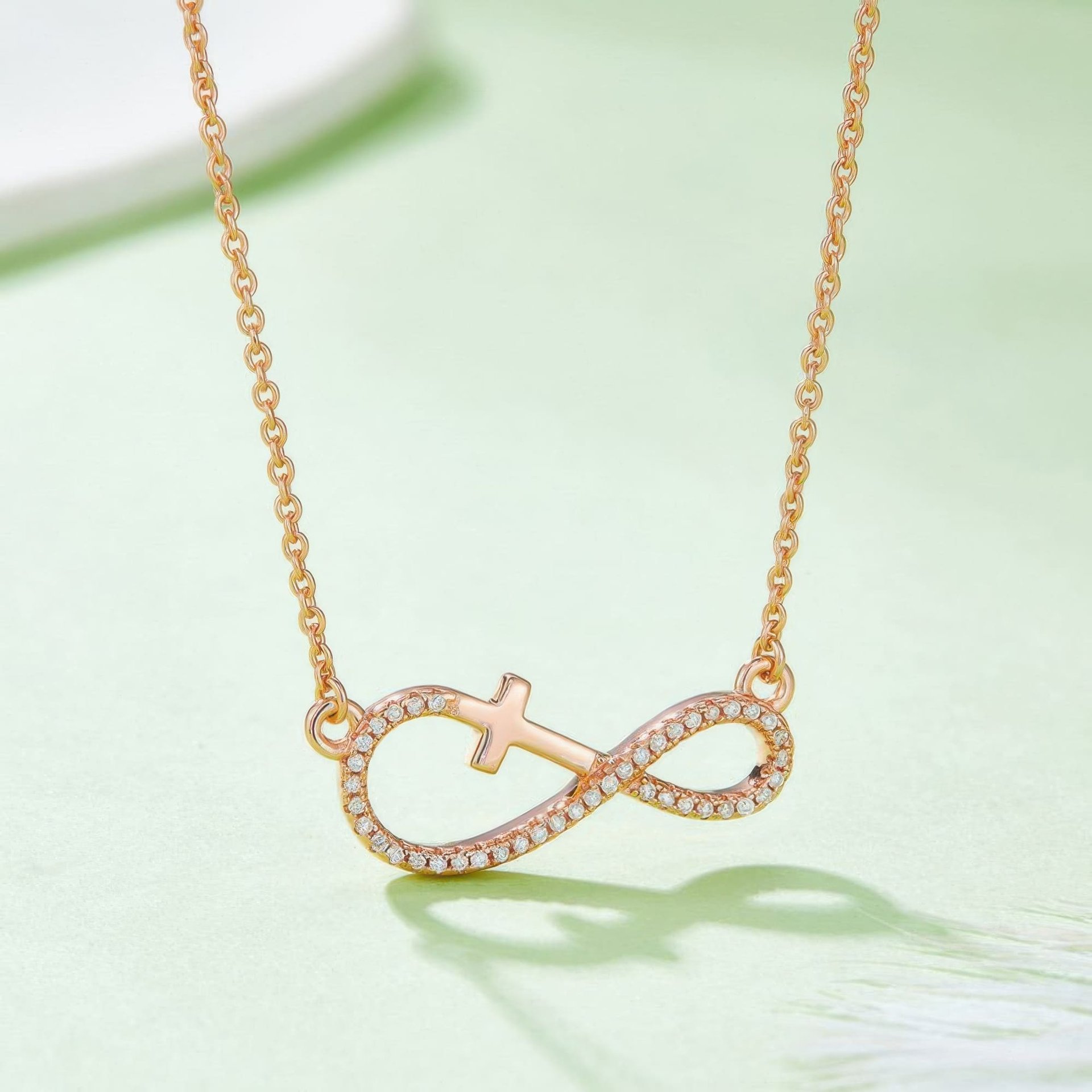 Cross Infinity Moissanite Necklace | Pave Sideways Infinity with Cross | 3-Tone Silver - Image 5