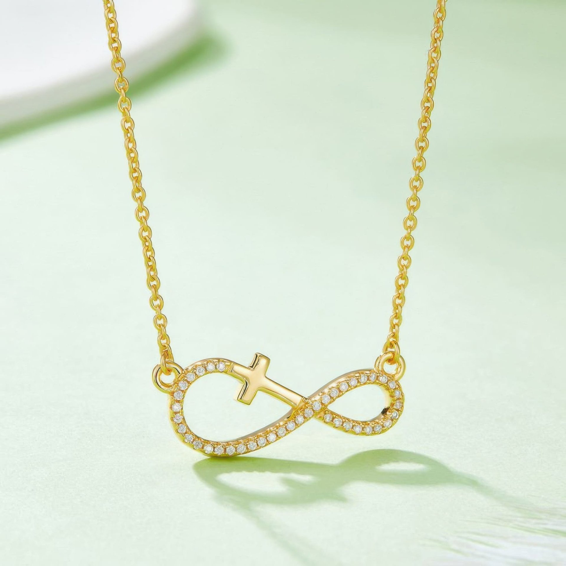 Cross Infinity Moissanite Necklace | Pave Sideways Infinity with Cross | 3-Tone Silver - Image 7