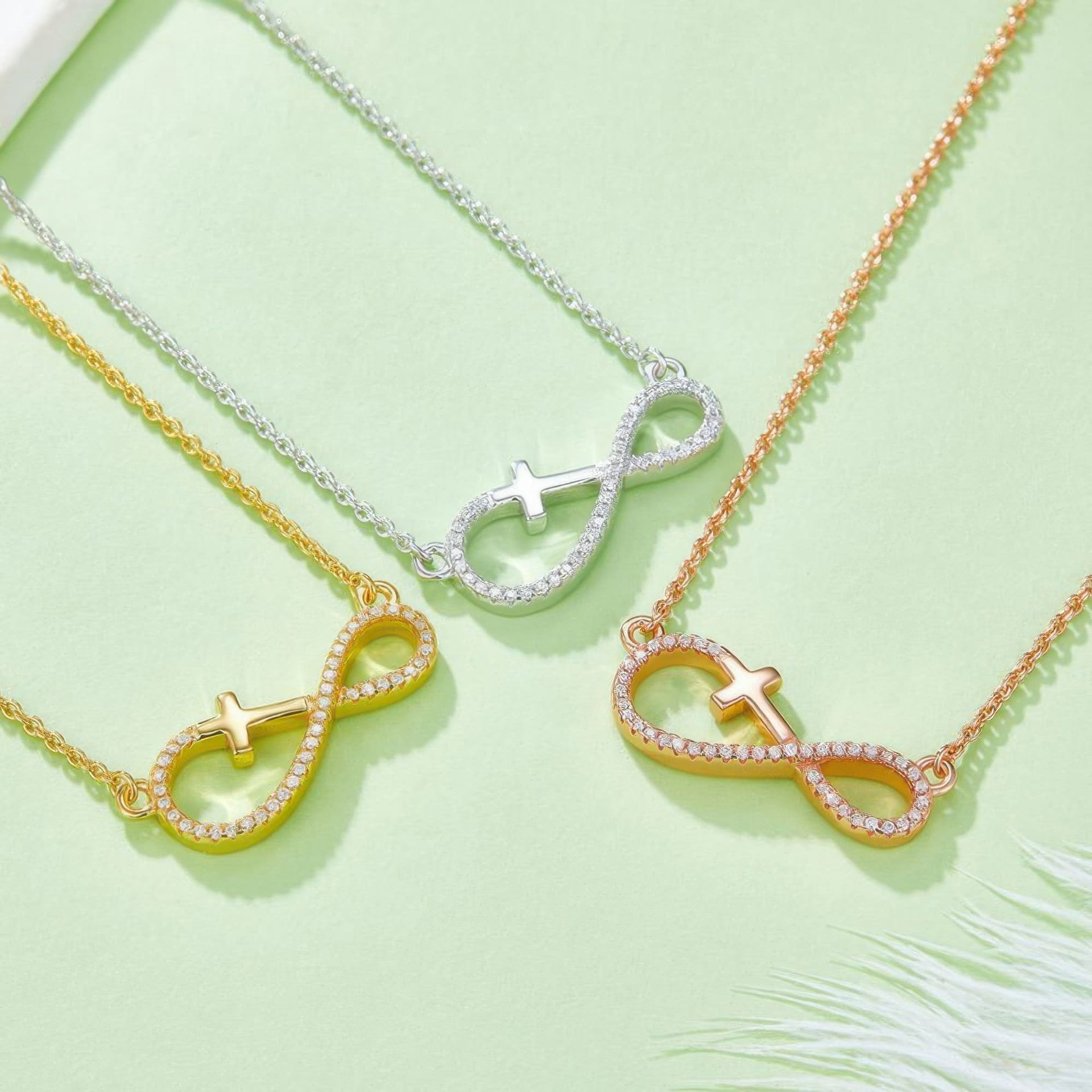 Cross Infinity Moissanite Necklace | Pave Sideways Infinity with Cross | 3-Tone Silver - Image 8