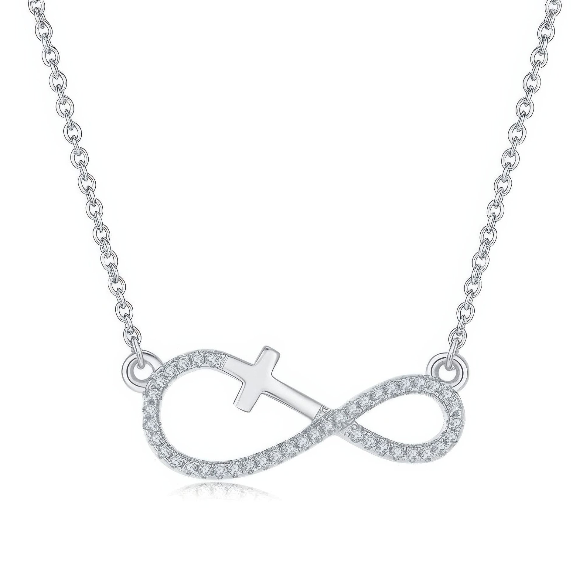Cross Infinity Moissanite Necklace | Pave Sideways Infinity with Cross | 3-Tone Silver