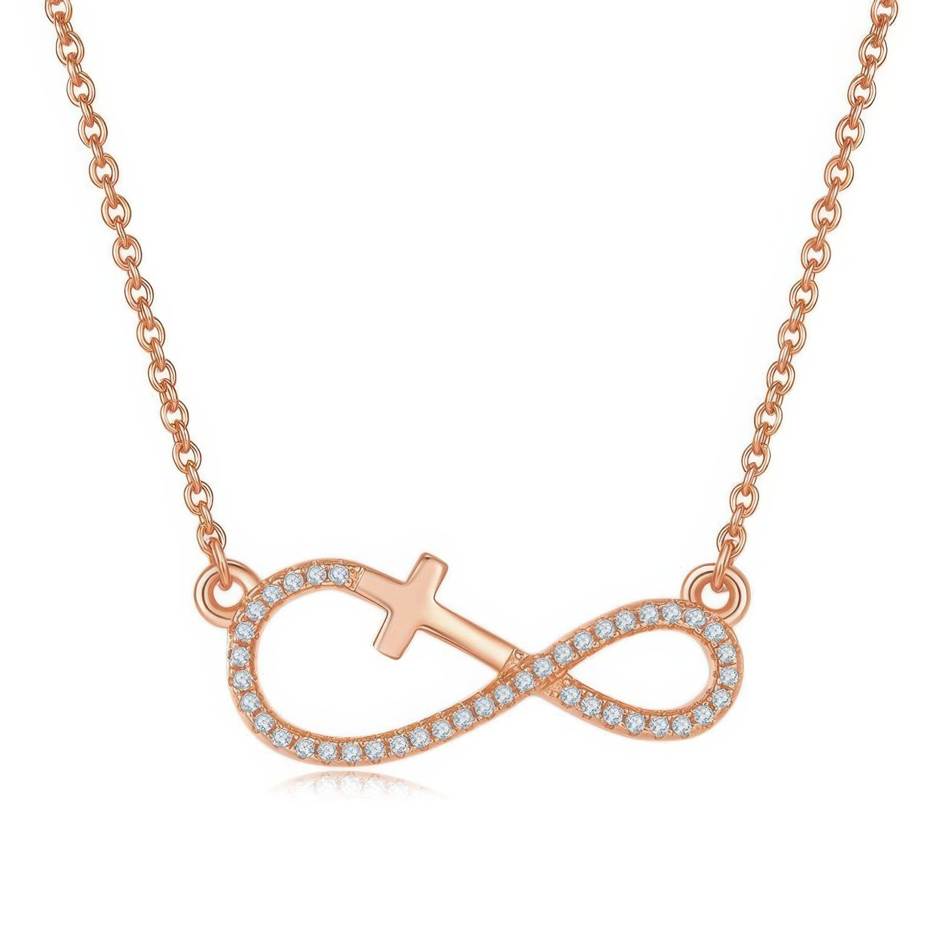 Cross Infinity Moissanite Necklace | Pave Sideways Infinity with Cross | 3-Tone Silver - Image 4