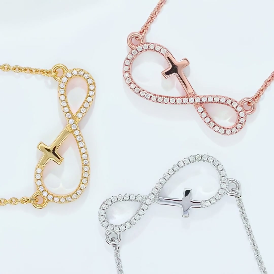 Cross Infinity Moissanite Necklace | Pave Sideways Infinity with Cross | 3-Tone Silver product video thumbnail