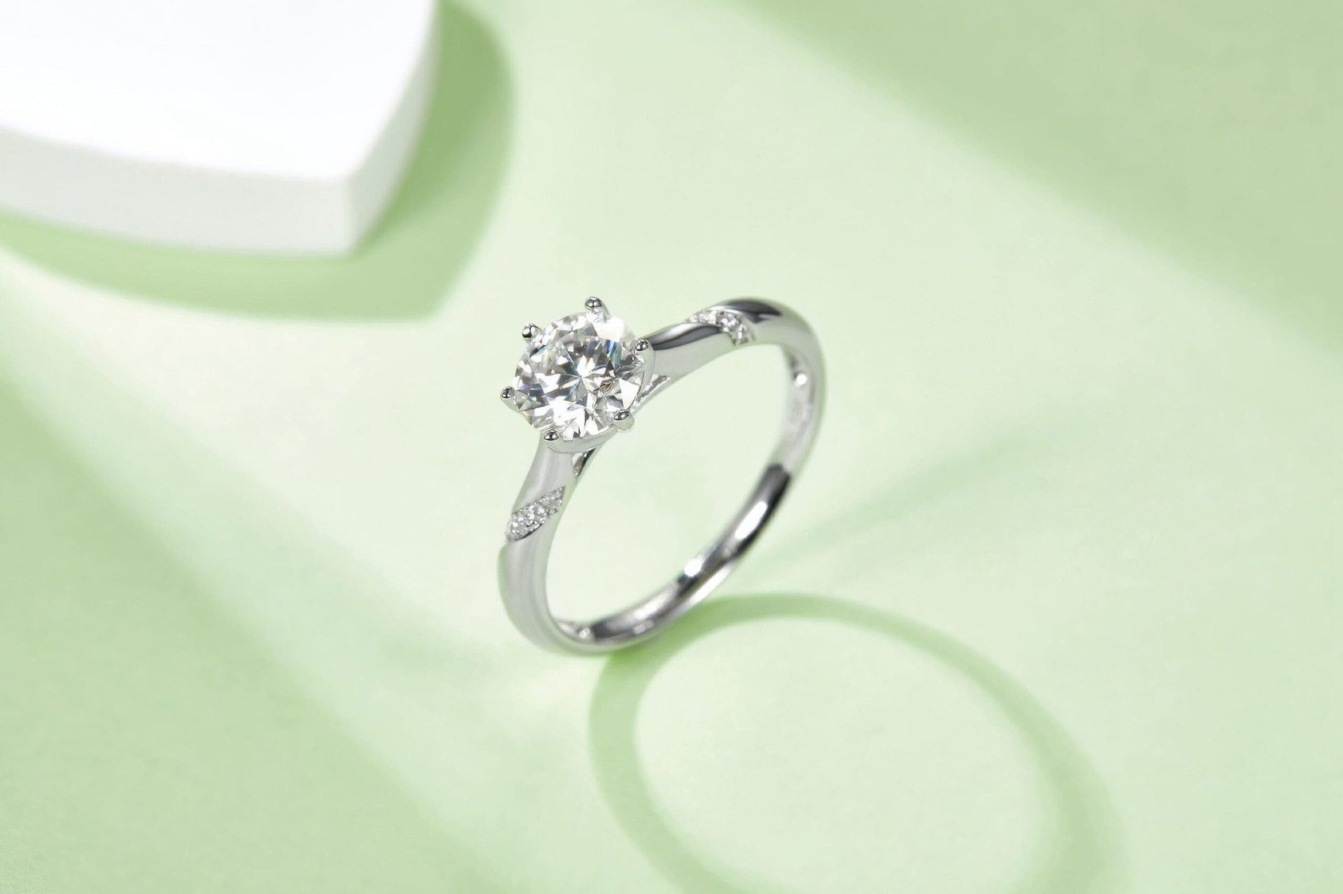 Round Solitaire Moissanite Ring | 1ct 6-Prong with Pave Shoulders | 925 Silver - Image 4