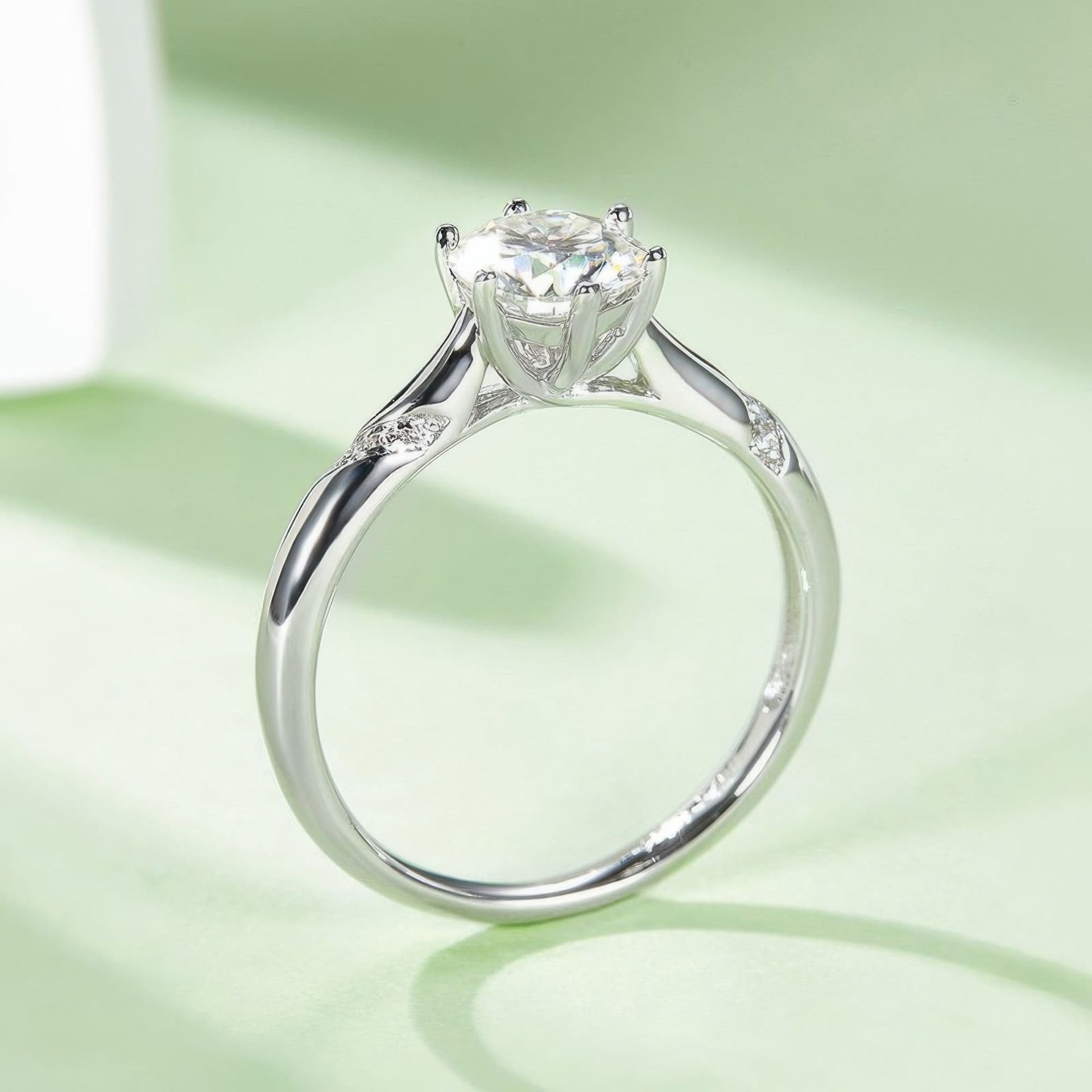 Round Solitaire Moissanite Ring | 1ct 6-Prong with Pave Shoulders | 925 Silver - Image 5