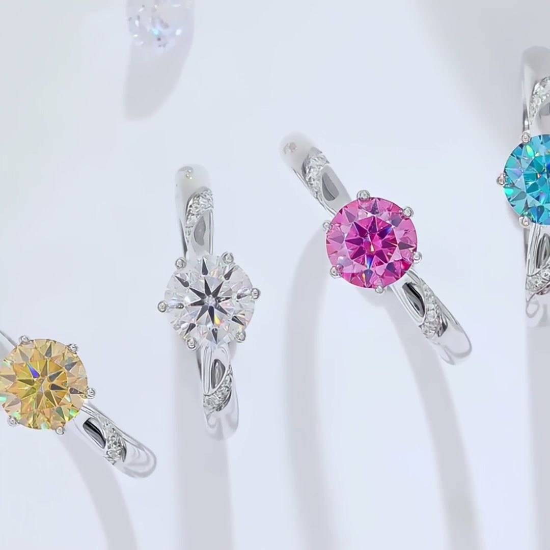 Round Solitaire Moissanite Ring | 1ct 6-Prong with Pave Shoulders | 925 Silver product video thumbnail