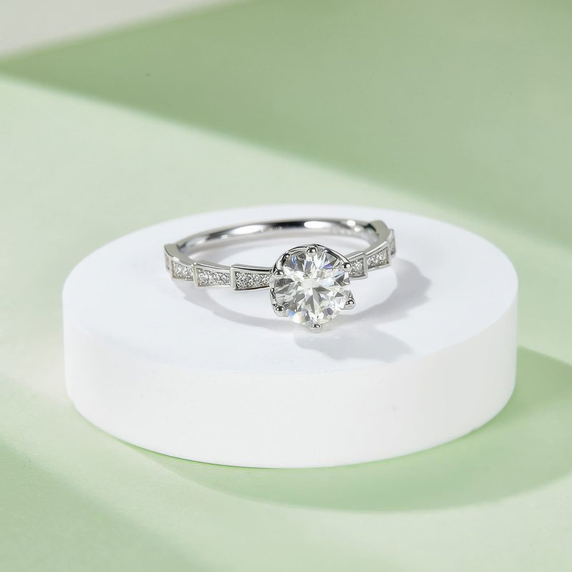 1ct Round Moissanite Solitaire Ring | Geometric Segmented Band | 925 Sterling Silver - Image 4