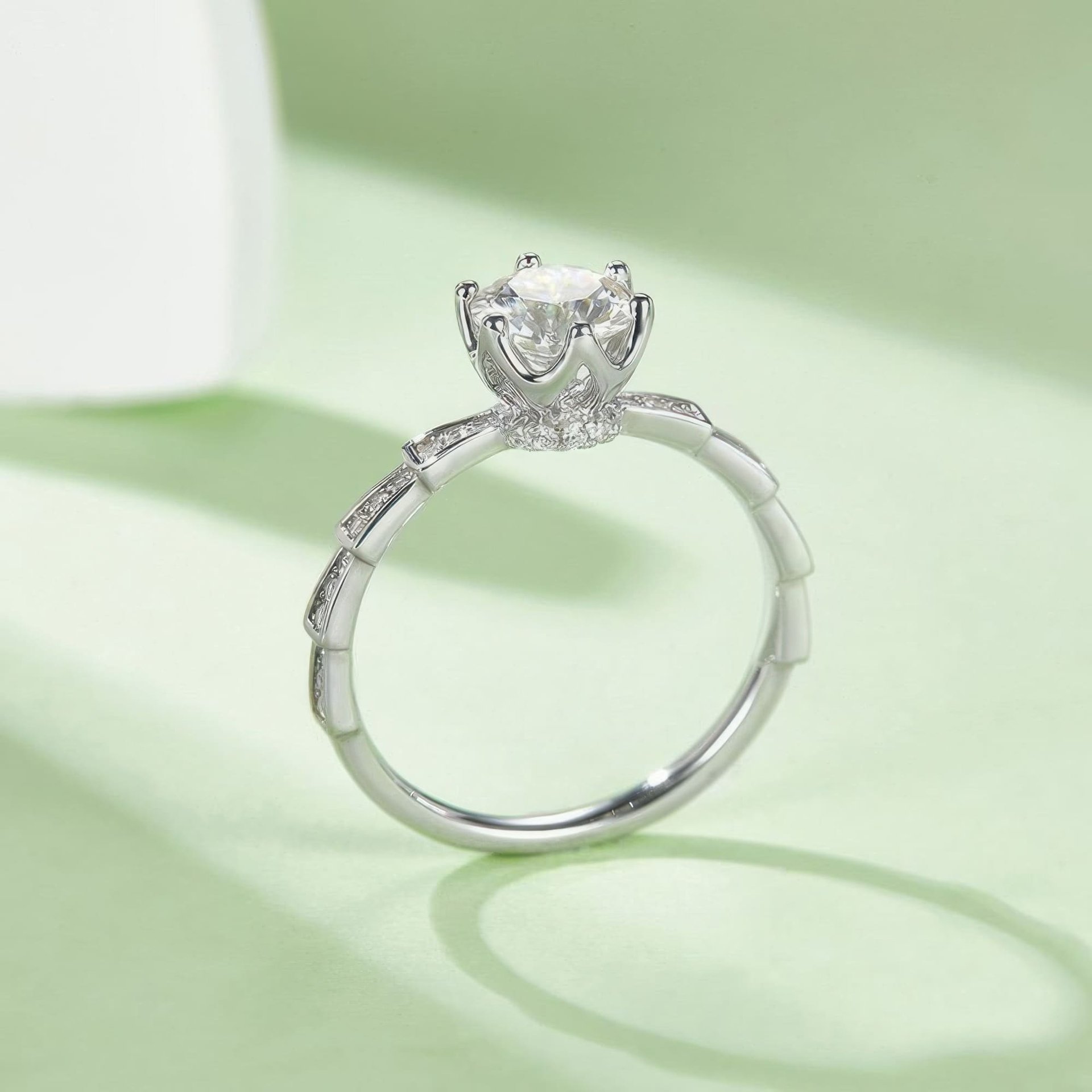 1ct Round Moissanite Solitaire Ring | Geometric Segmented Band | 925 Sterling Silver - Image 5