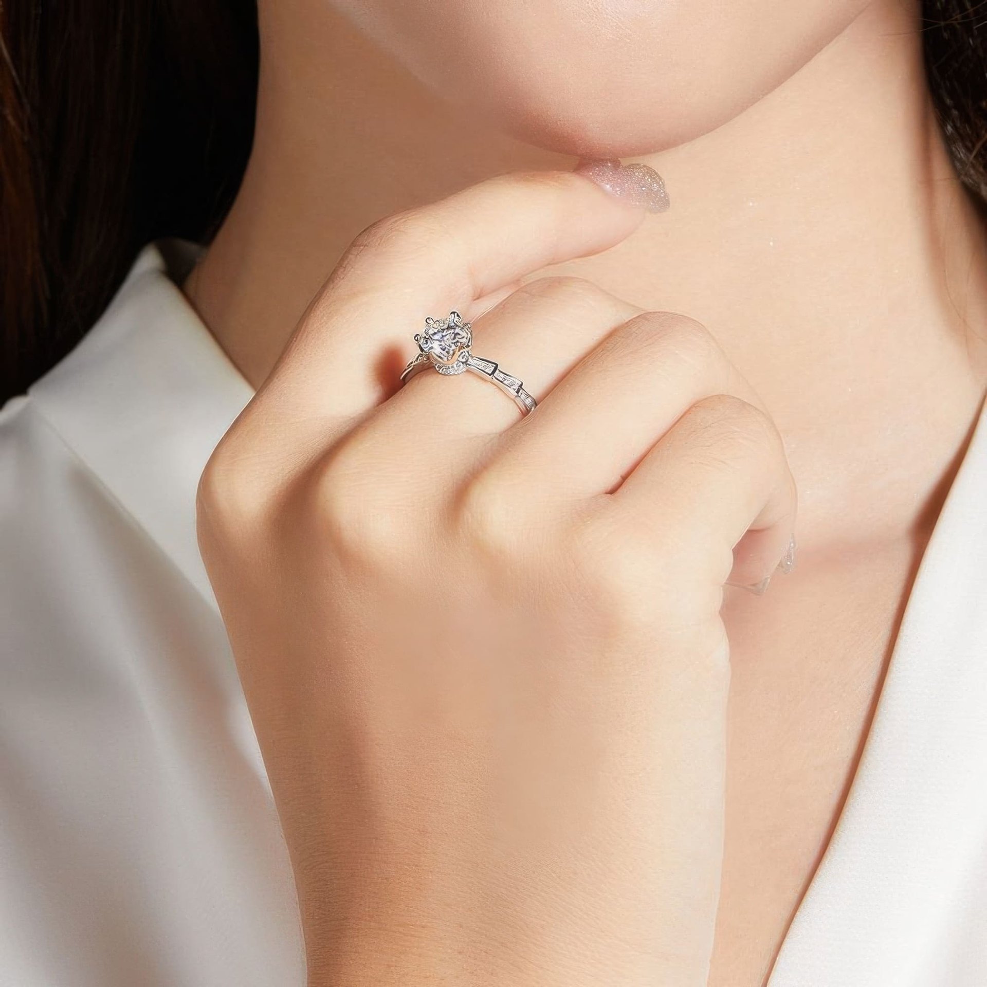 1ct Round Moissanite Solitaire Ring | Geometric Segmented Band | 925 Sterling Silver - alternate view
