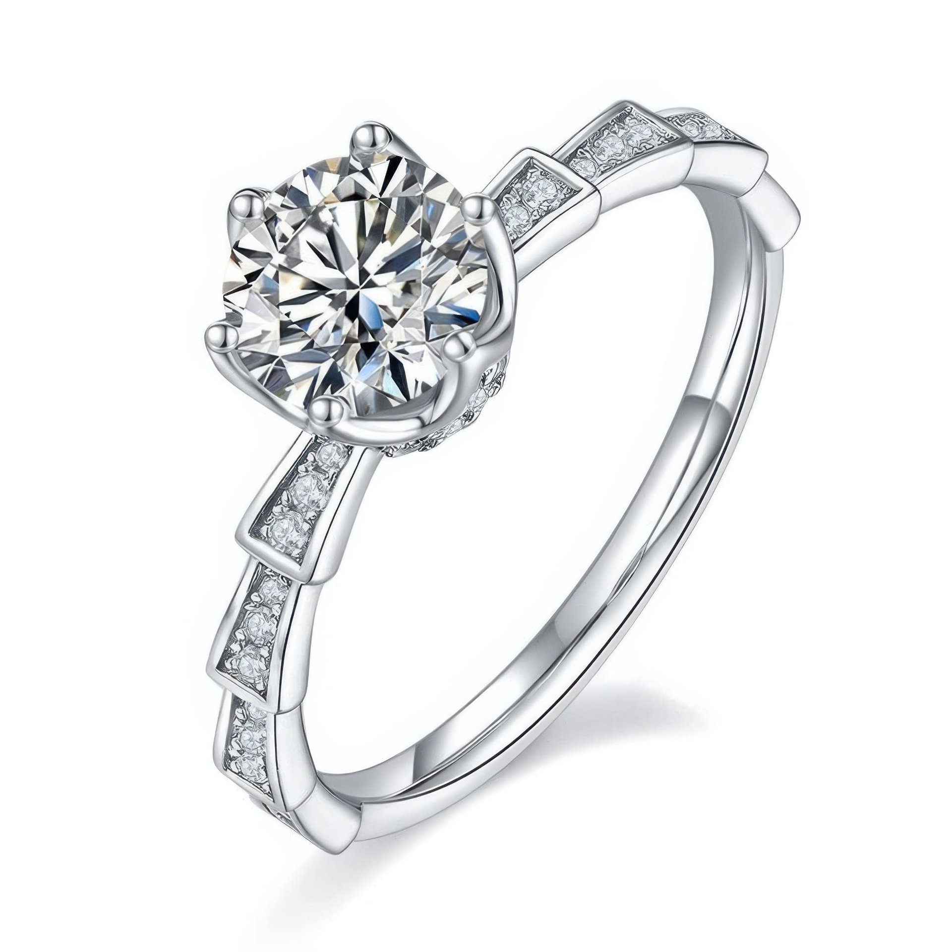1ct Round Moissanite Solitaire Ring | Geometric Segmented Band | 925 Sterling Silver